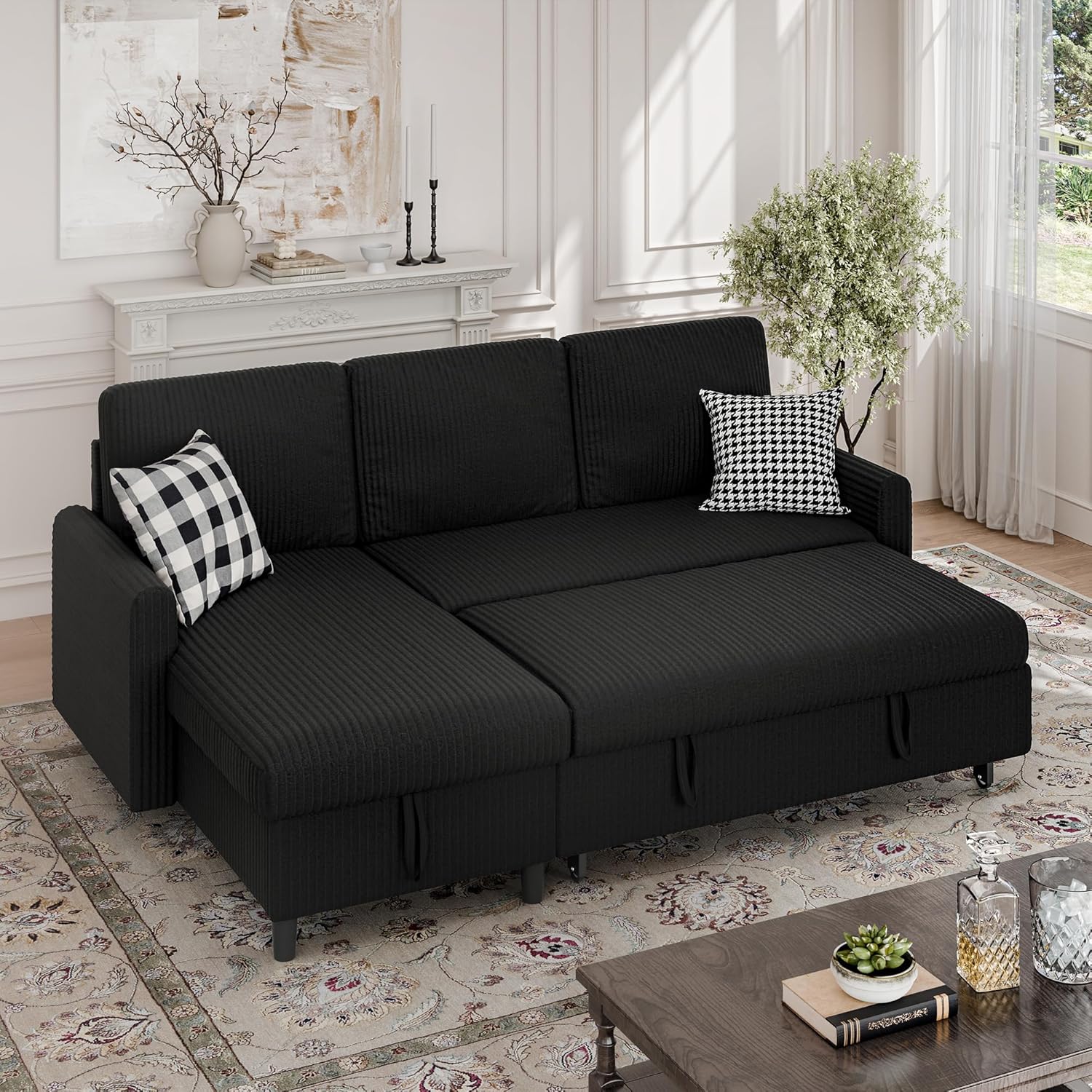 Walsunny Sectional Sofa Couch L Shaped Sleeper Sofa Bed Pull Out Bed with Storage, Reversible Sectional Couches for Living Room, Apartment, Office(Black)