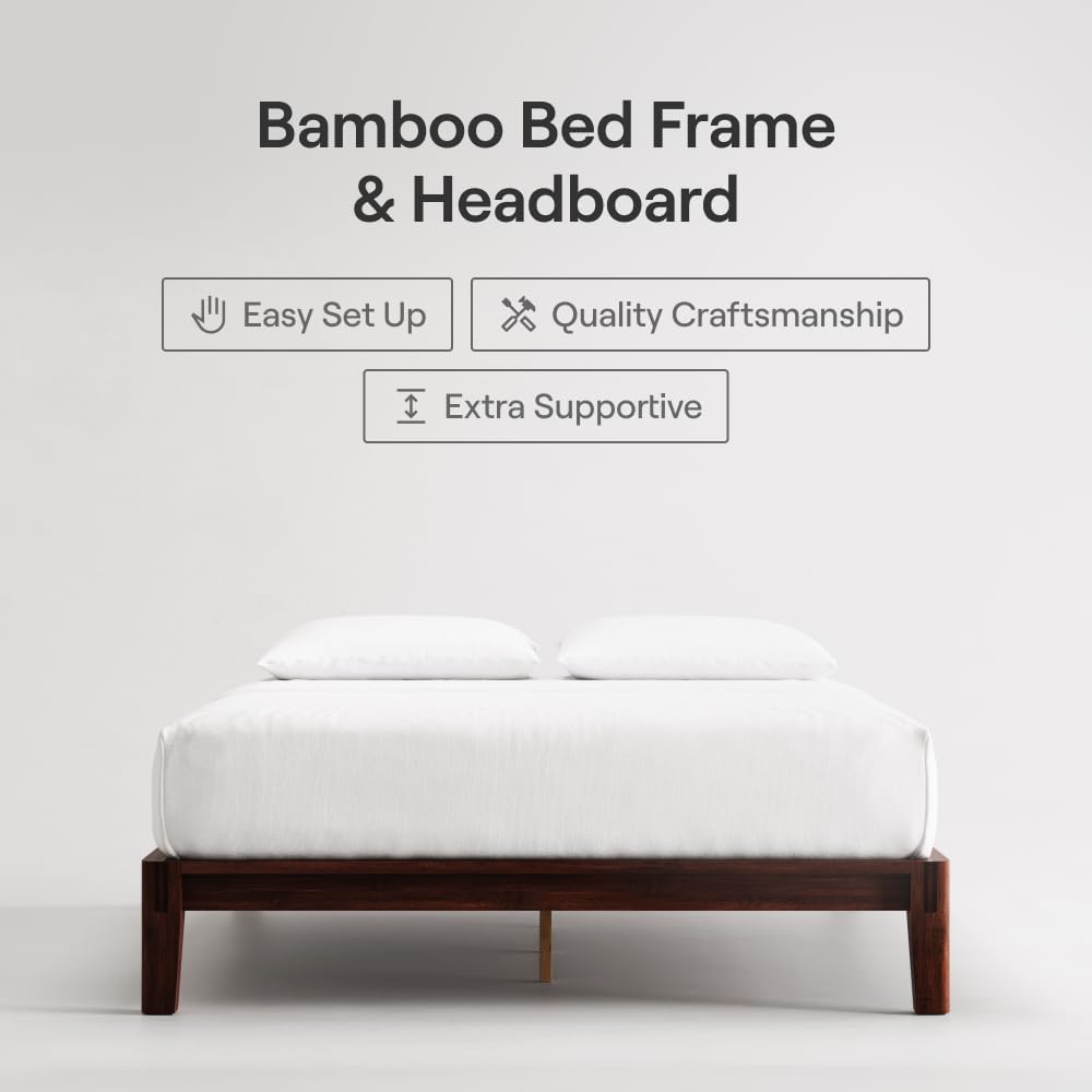 Nectar Bamboo Platform Bed Frame - Full - Walnut - Floating Center Support Legs - 12” Height - Easy Tool Free Set Up - Contemporary and Durable - Sturdy Wooden Support Slats - Holds Up to 800 Pounds