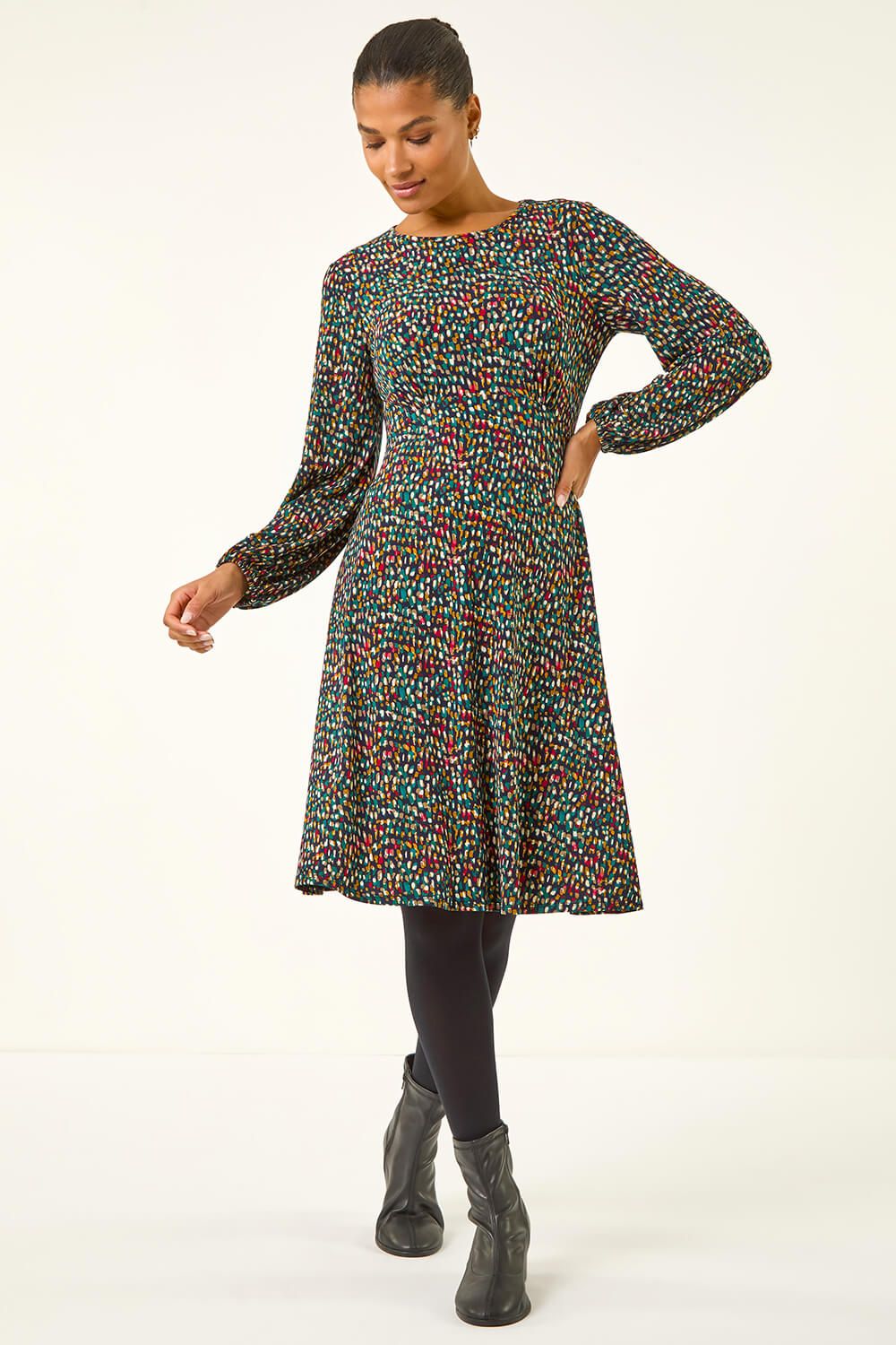 Roman Spot Print Frill Stretch Dress