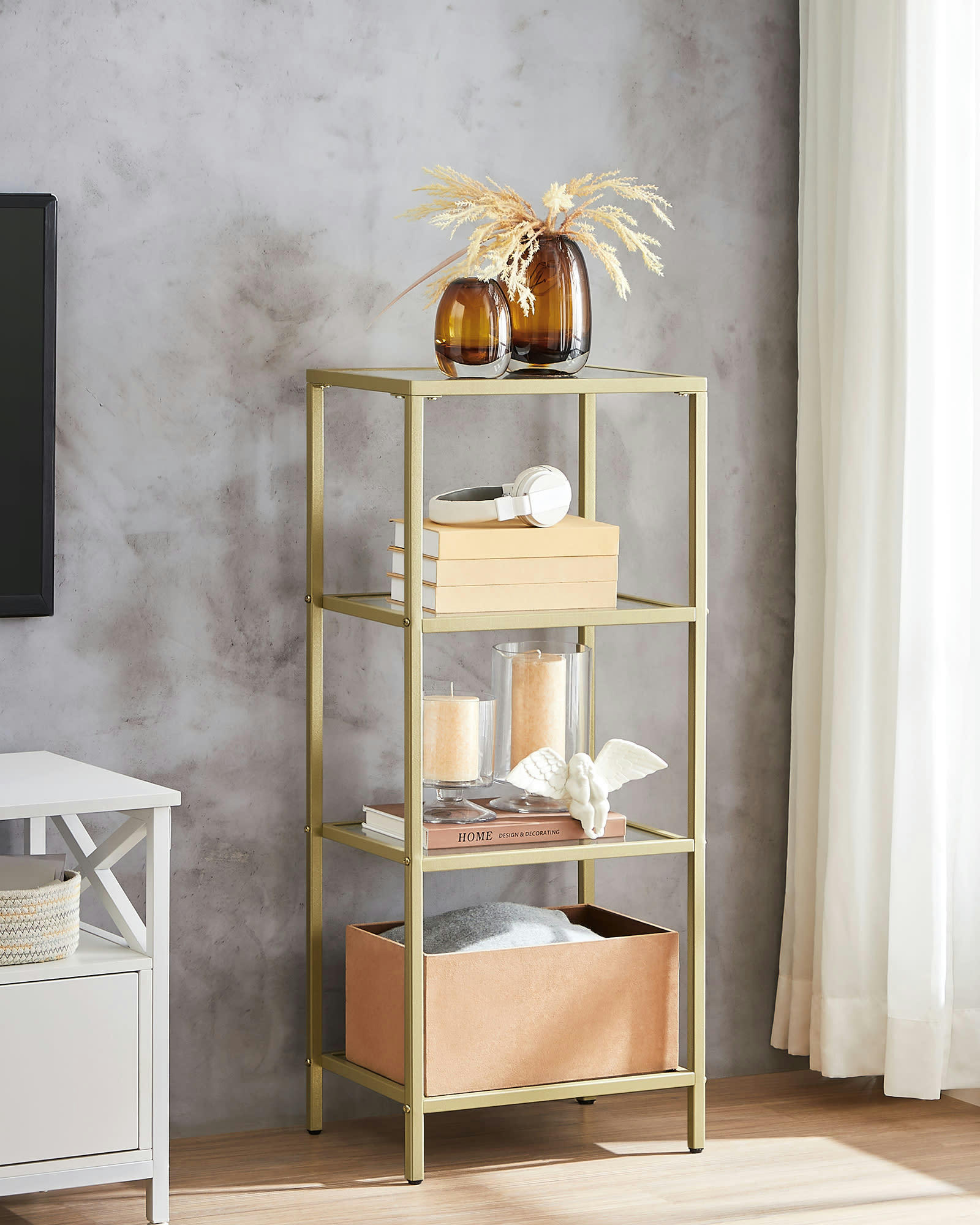 - Étagère 4 niveaux style moderne verre acier transparent doré