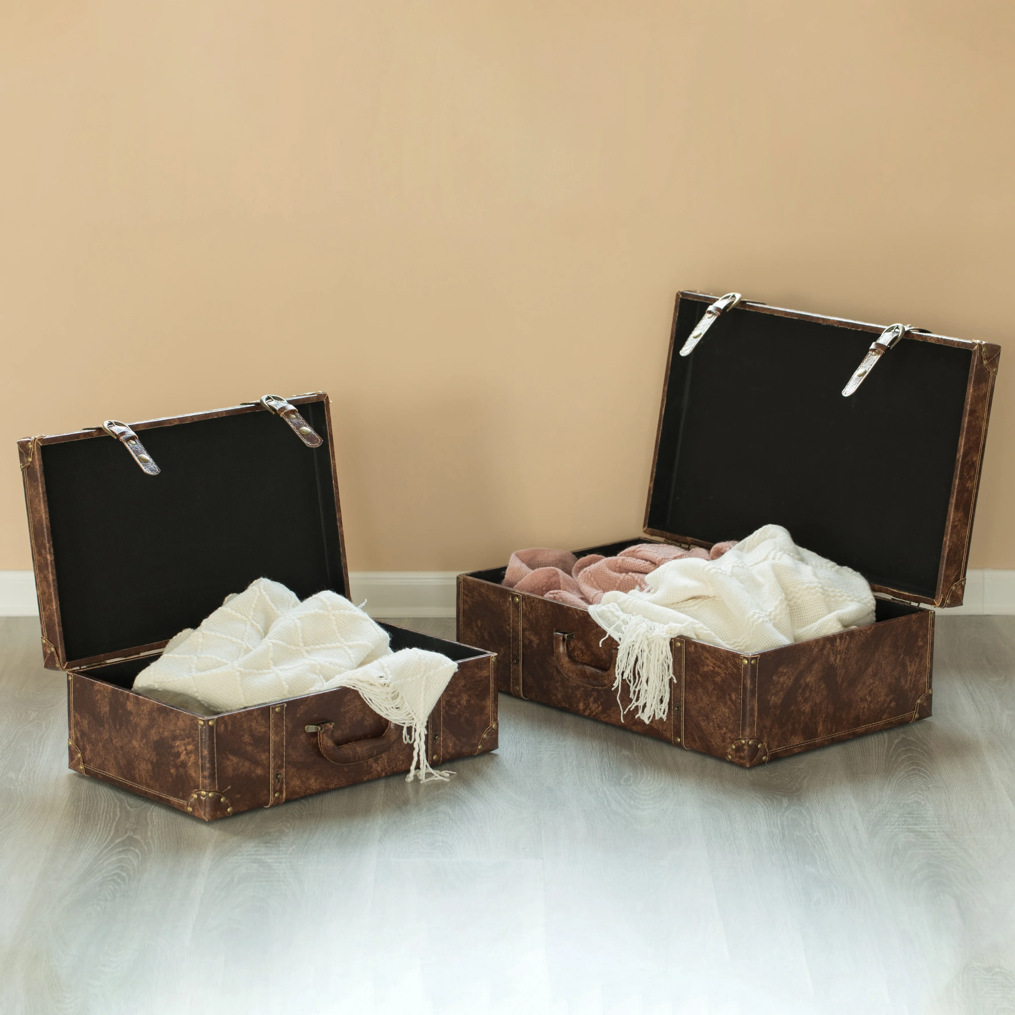 Suitcase Storage Trunk with Faux Leather Set of 2