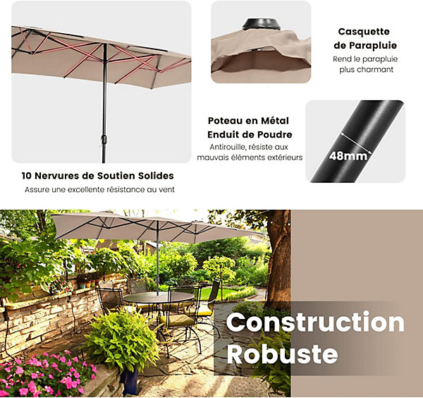 Parasol de Jardin Double XXL avec 10 Baleines pour Terrasse Marché Fête Plage Brun