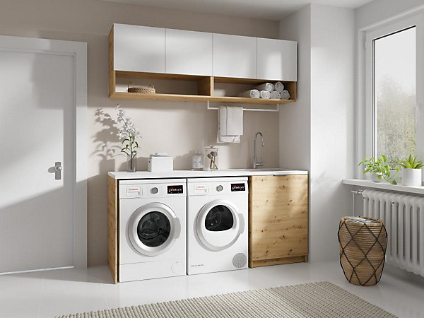 Meubles de buanderie pour machine à laver avec plan de travail - L182 cm -Blanc et naturel clair - NATAJI