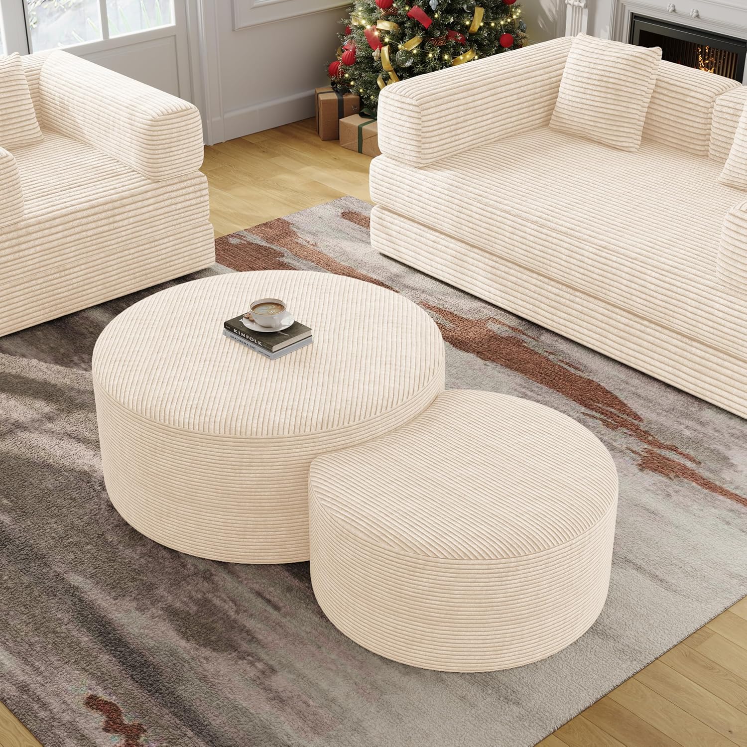 BSHOMGI Round Coffee Table Set of 2, Movable Ottoman for Corduroy Cloud Sectional Couches Circle Foam Round Side Table for Living Room, Entryway Set, 32+17 Footrest No Assembly (Beige, 32+17)