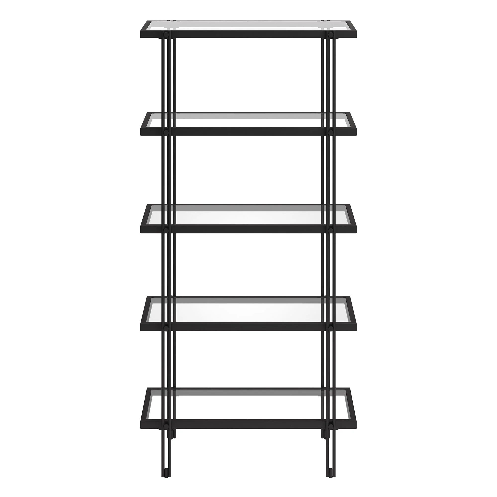 68 Contemporary 5-Tier Black Bookcase Tall Glass Shelf Display Unit for Living Room or Hallway - 68”H x 33”W x 14”D