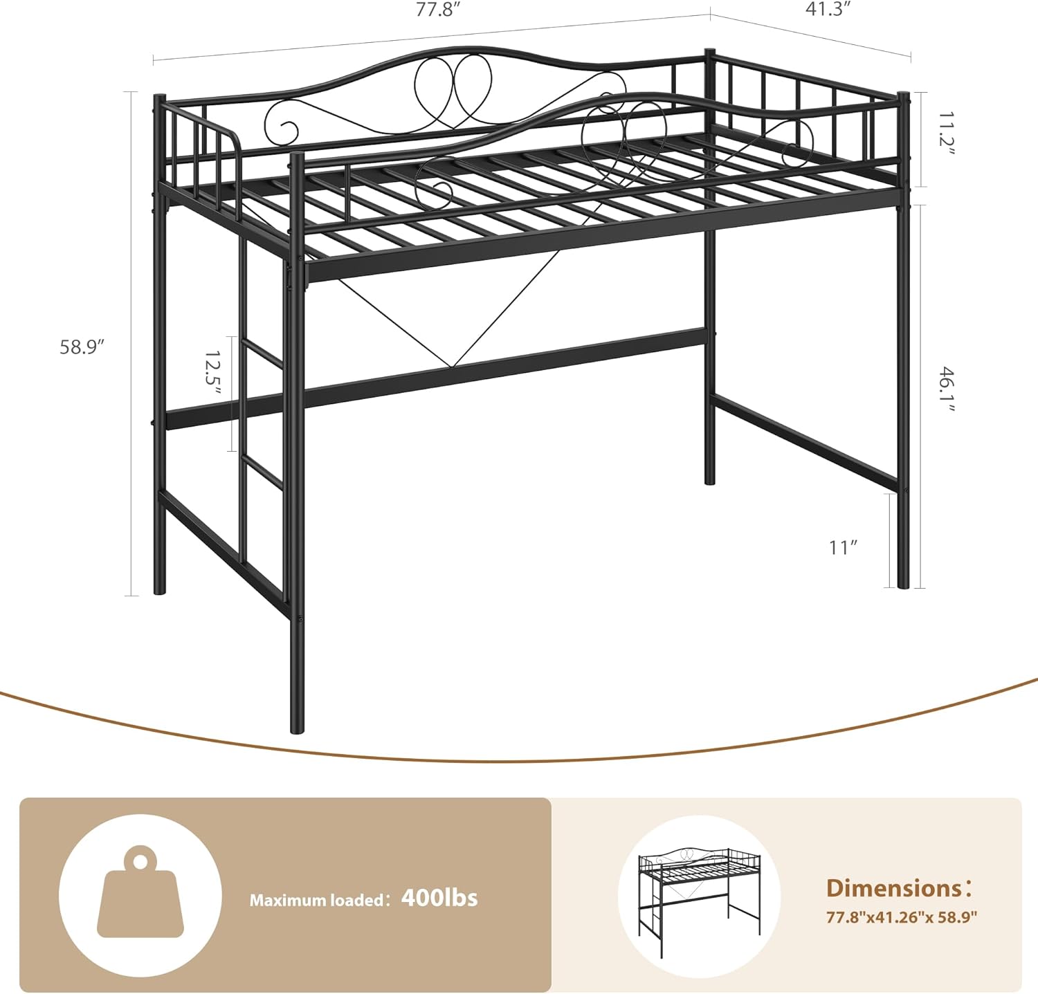 IDEALHOUSE Loft Bed Twin Size with Ladder & Full Safety Guardrail, Heavy Duty Metal Twin Loft Bed 400 Lbs Load Capacity, Space-Saving, Noise Free, No Box Spring Needed, Easy Assembly, Black