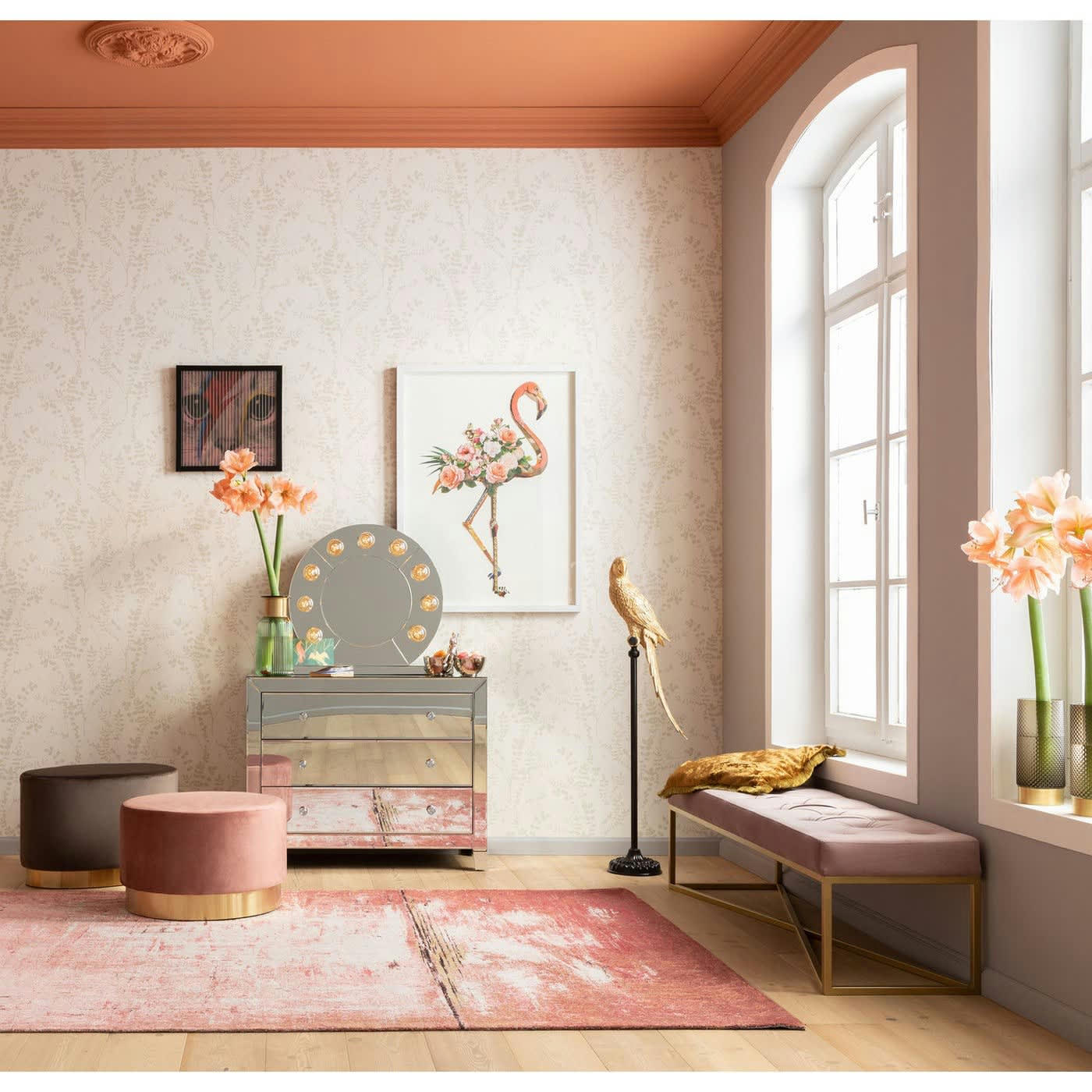 CROSSOVER - Banc 2 places velours rose et acier doré