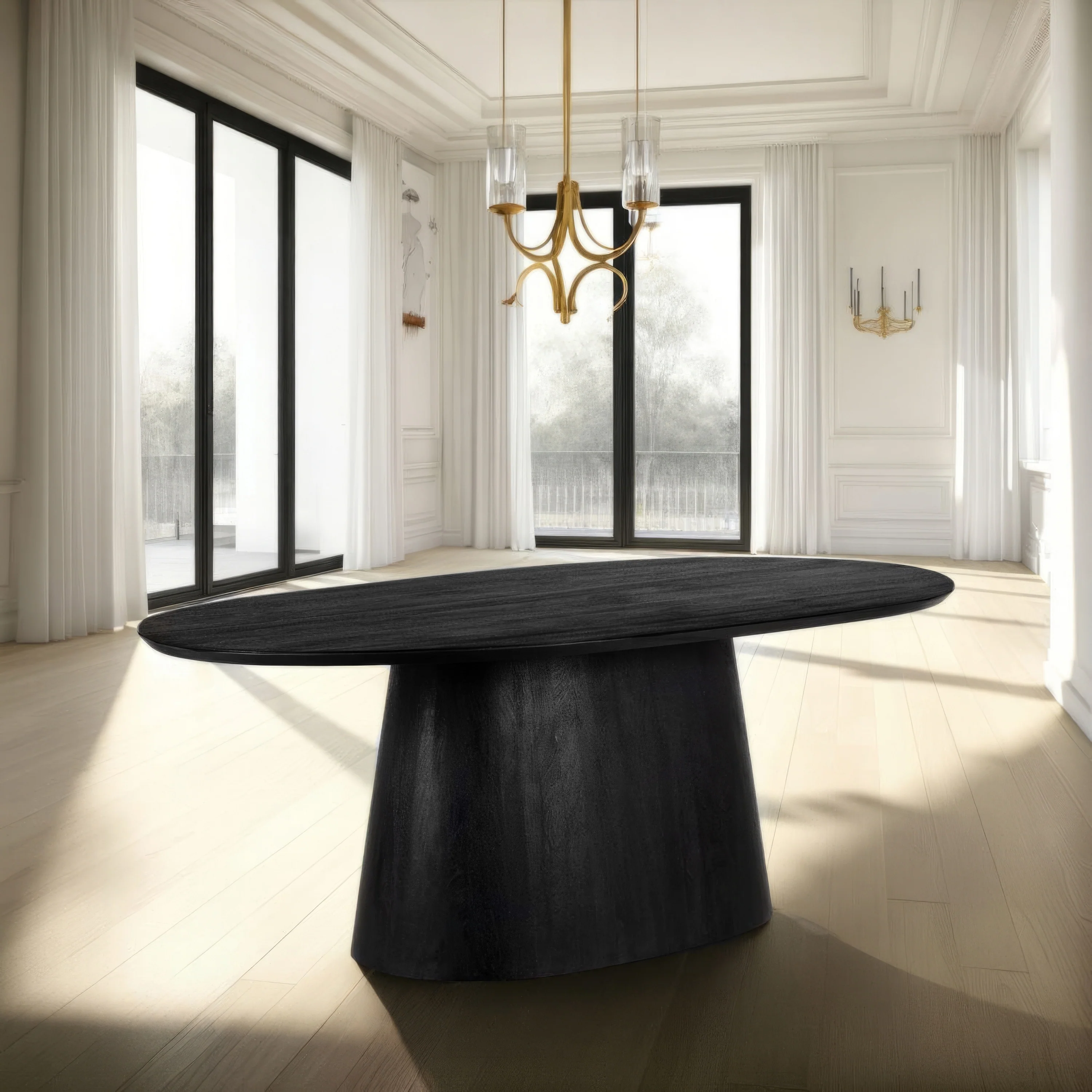 Jano Dining Table, 79 Inch Oblong Top with Tapered Pedestal Base, Sandblasted Black Mango Wood