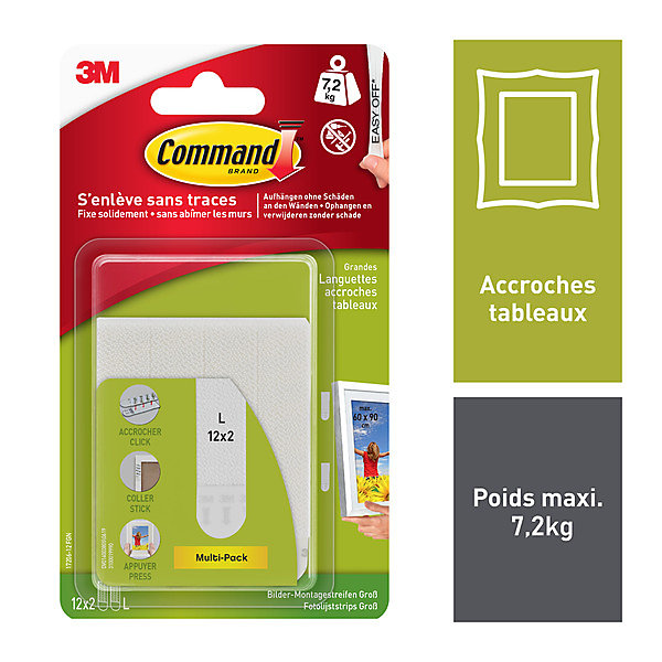 Languette accroche tableau pour grands cadres 3M Command, 24 pièces 7.2 kg