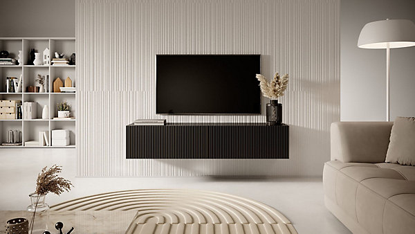Meuble TV suspendu 140 cm noir avec façade fraisée Veldio