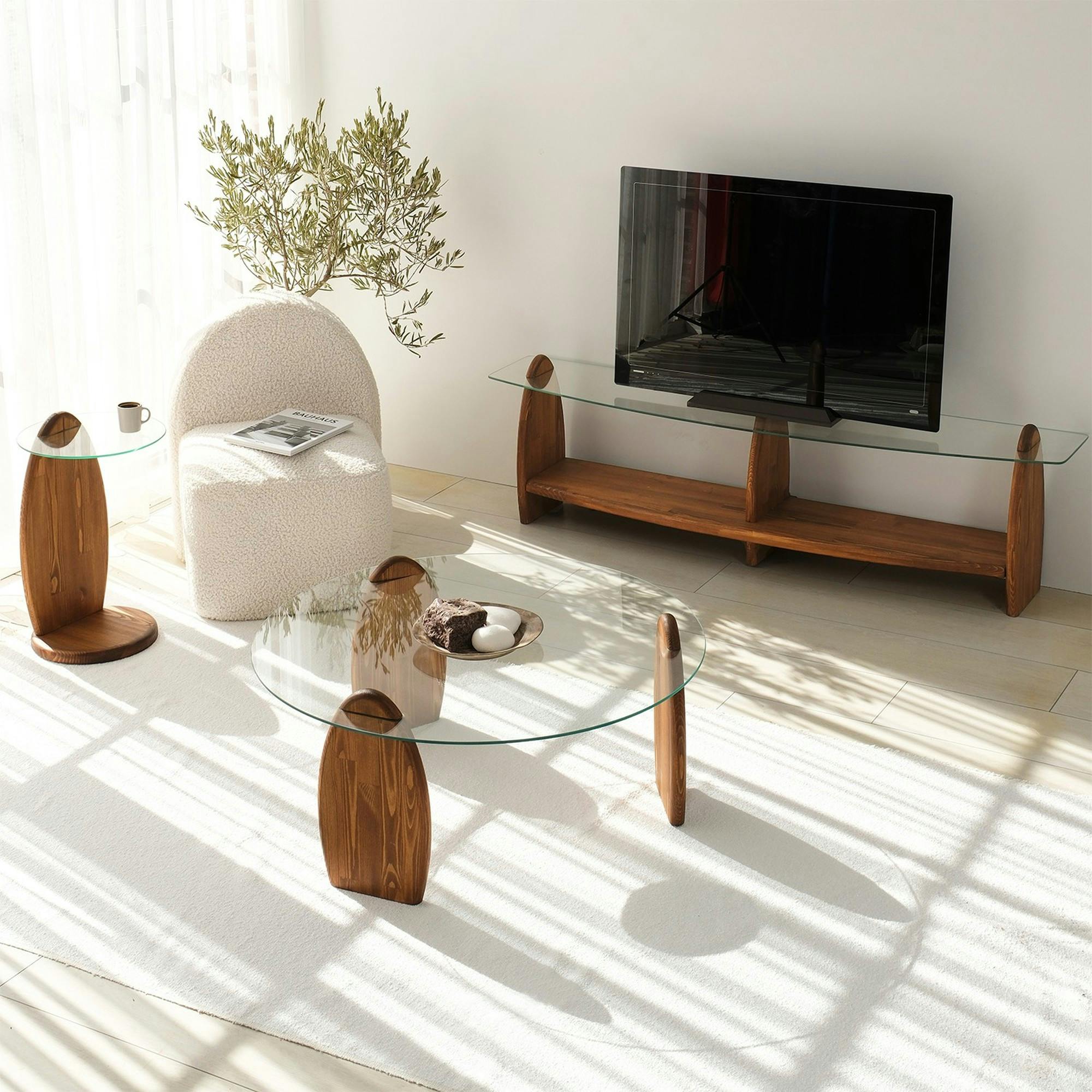 Meuble TV bois brun et verre - 2 niches, vintage ANZIO