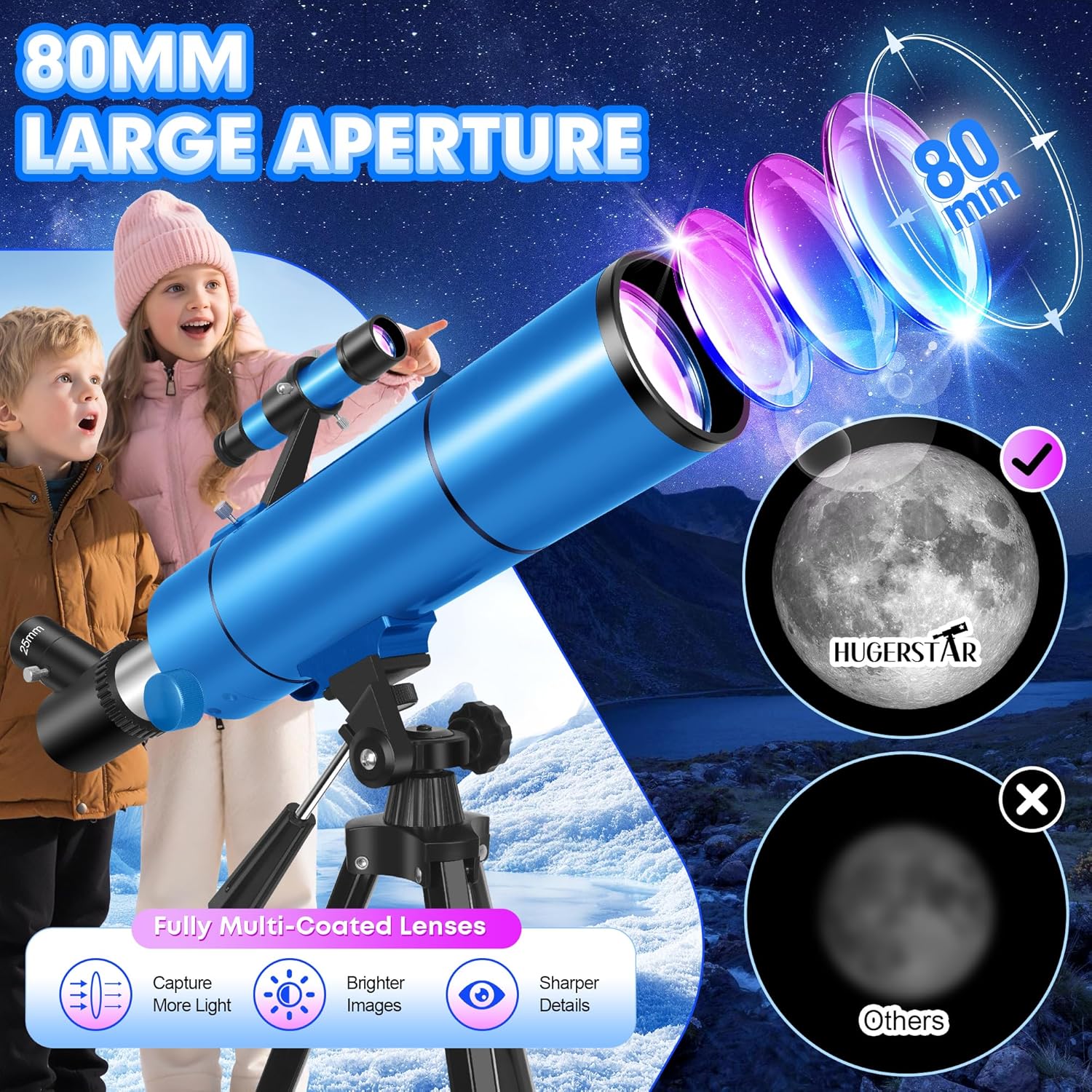 Telescope for Adults & Kids, 80mm Aperture 500mm (20X-150X) Professional Refractor Telescope for Astronomy Beginners, Portable Travel Telescopes with Tripod Phone Adapter, Stickers, Backpack