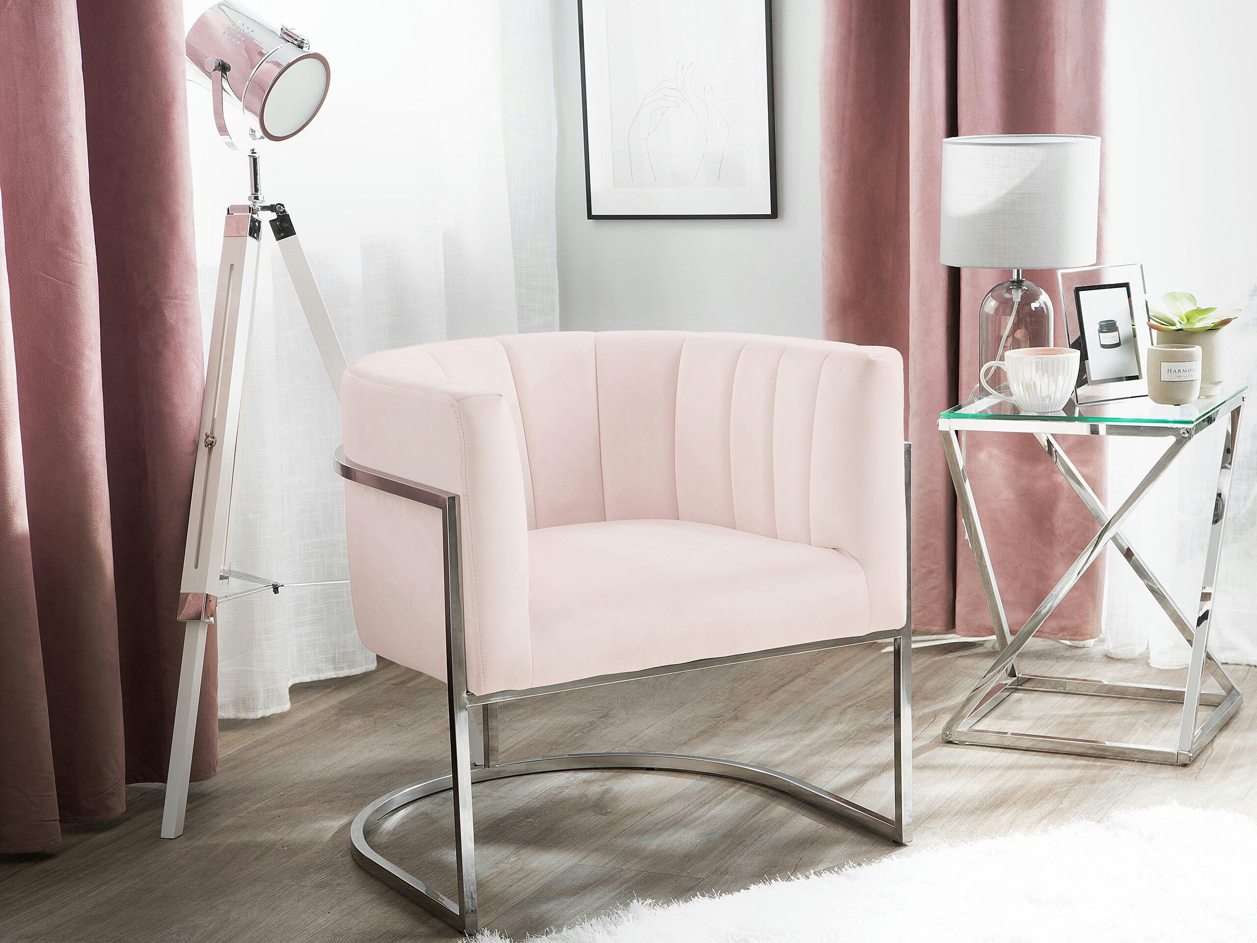 LARVIK - Fauteuil en velours rose pâle