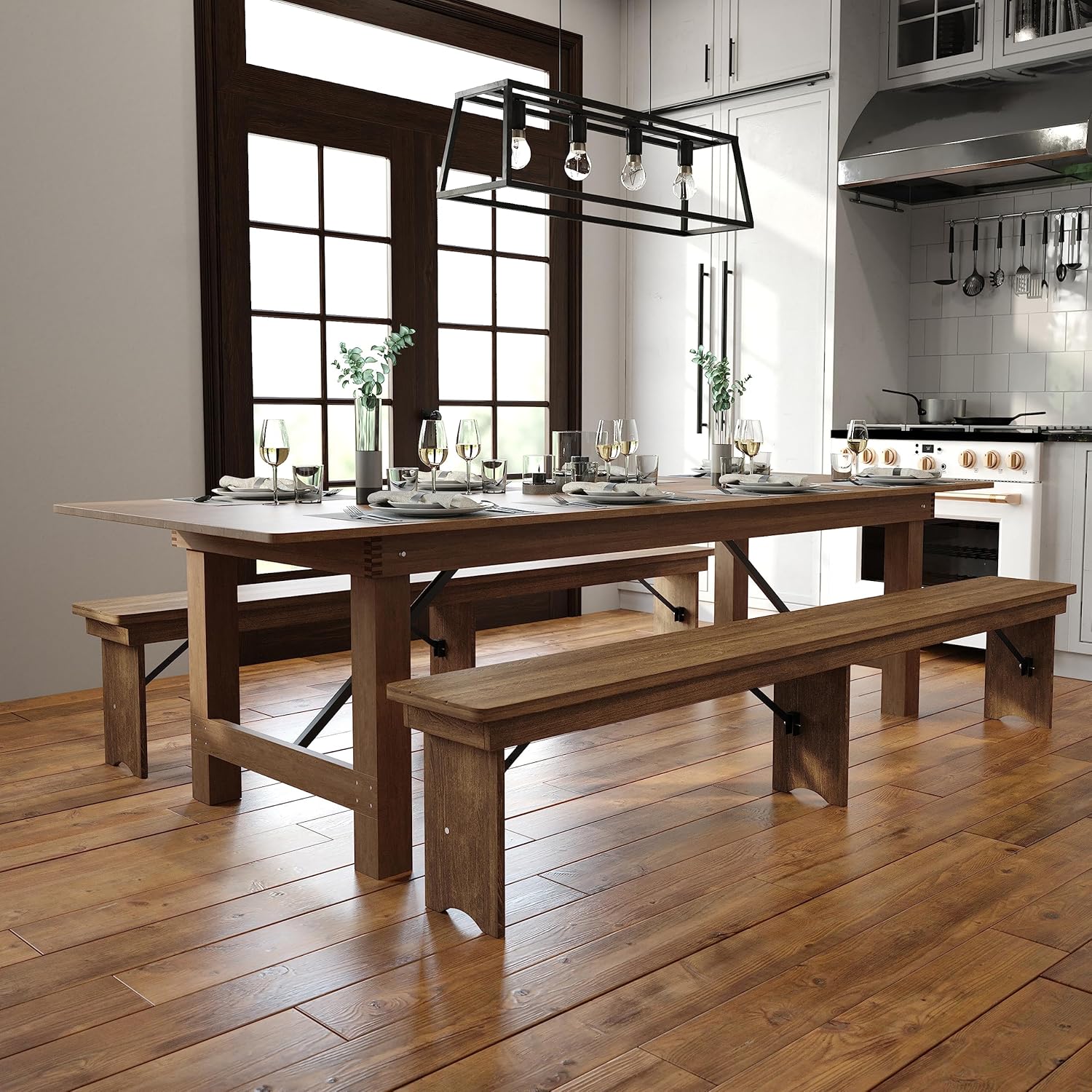 Flash Furniture Hercules Series 9' x 40 Rustic Solid Pine Folding Dining Table, Rectangular Antique Farmhouse Dining and Event Extension Table