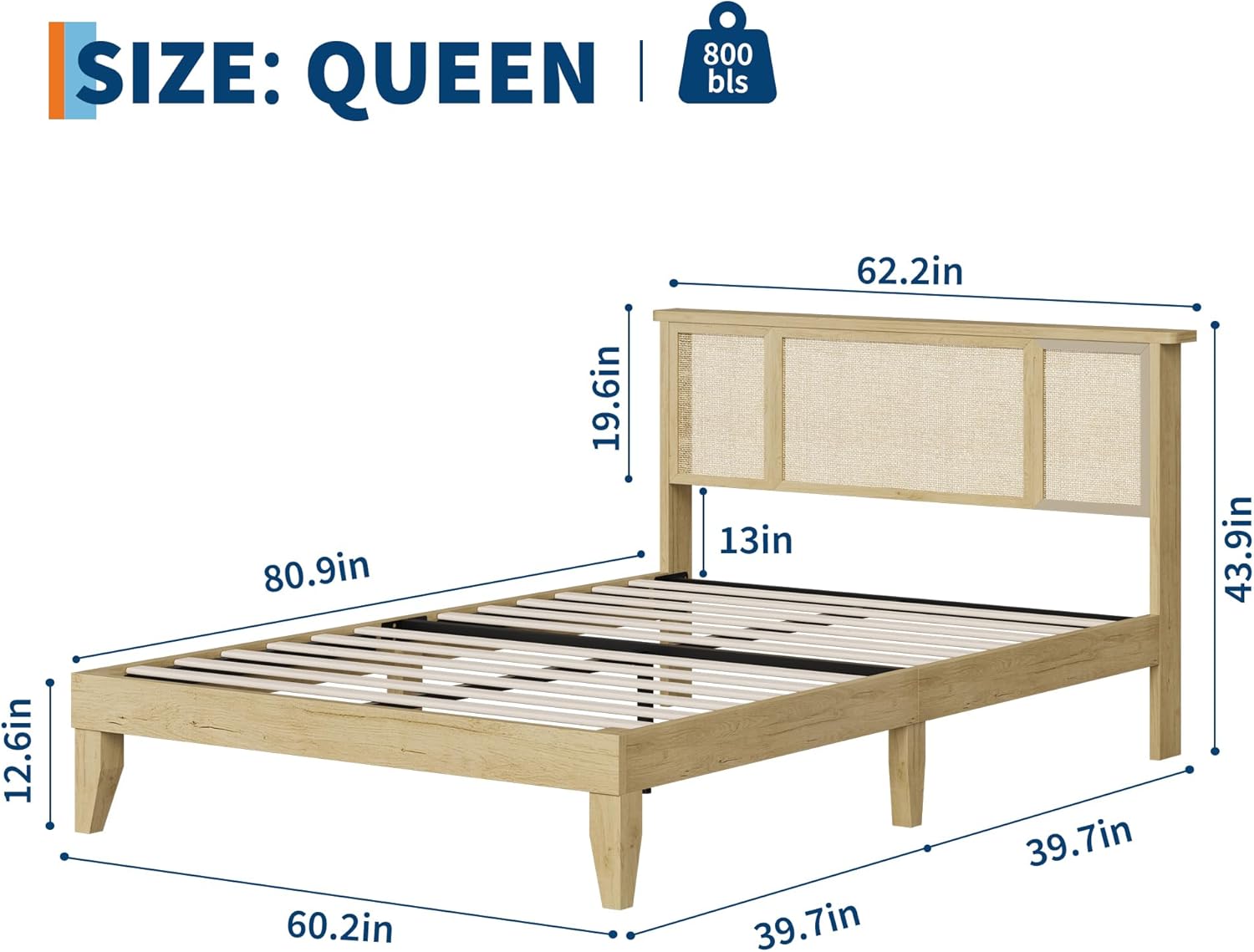 Rattan Bed Frame Queen with Natural Rattan Headboard, Sturdy Wooden Slats, Metal Platform Support, Silent Slats, No Box Spring Needed, Stylish and Robust Bedroom Furniture