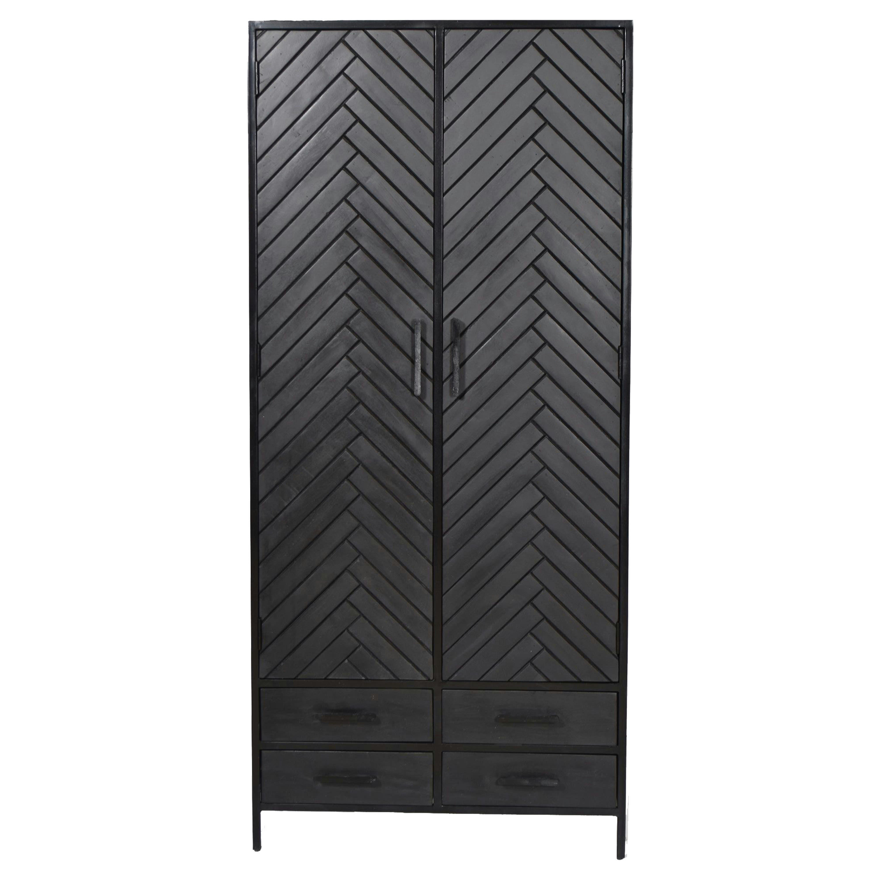 HENDAYE - HENDAYE-Buffet haut 2 portes 4 tiroirs, manguier massif noir et métal