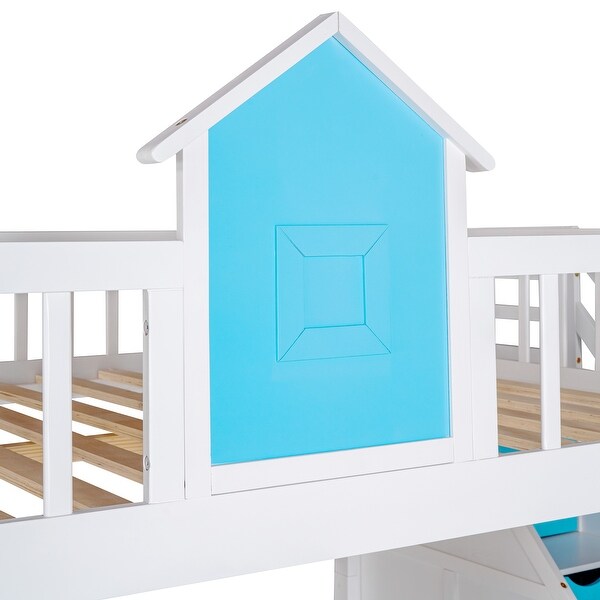 Blue Full-Over-Full Bunk Bed with Changeable Table and Drawer, Sturdy Pine Wood and MDF Construction, Playhouse Design