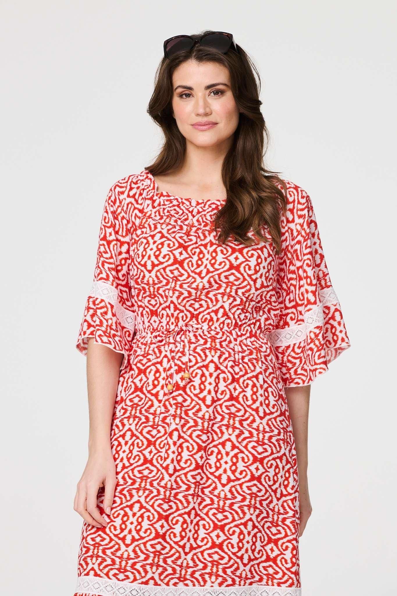 Izabel London Printed Relaxed Lace Trim Midi Dress