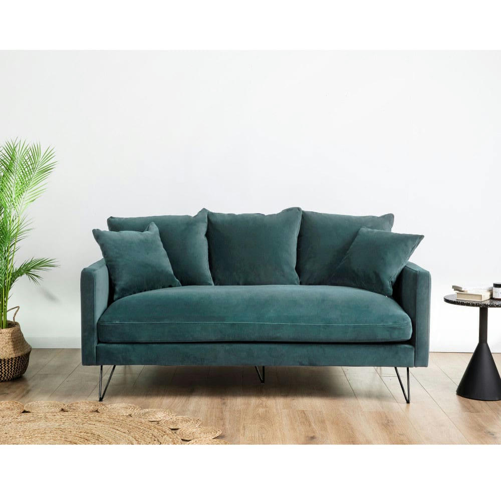 VILLABON - Canapé 3 places en velours pieds épingles noirs vert eucalyptus