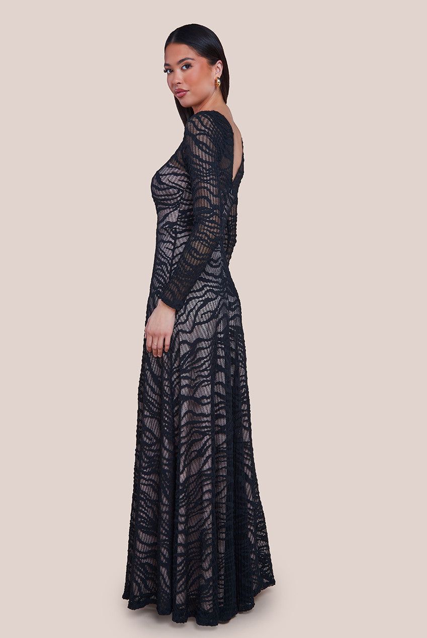 Goddiva Geo Wave Flare Skirt Long Sleeve Maxi Dress