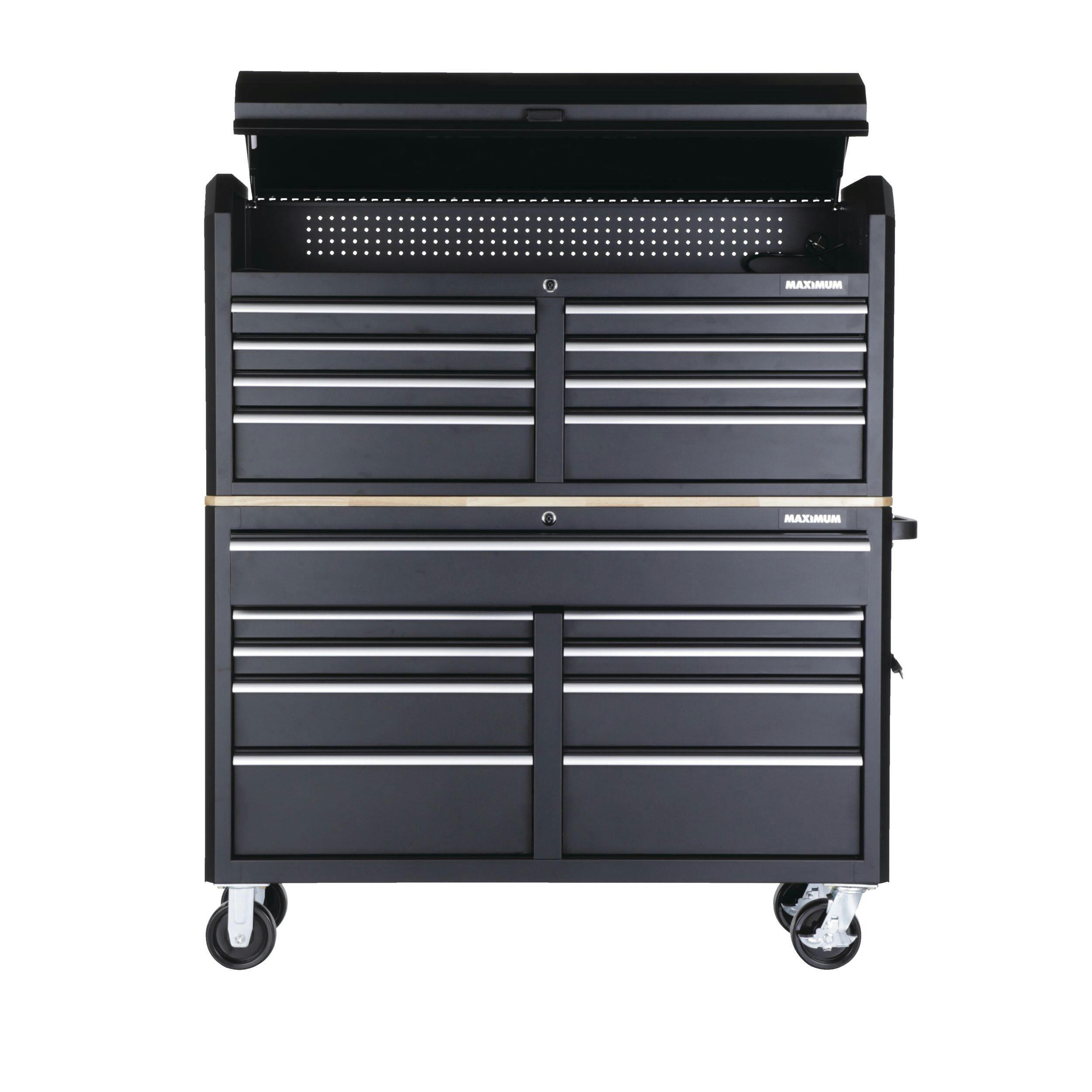 MAXIMUM Tool Storage Chest, Built-In Power Bar with USB, 8-Drawer, 56-in, Matte Black