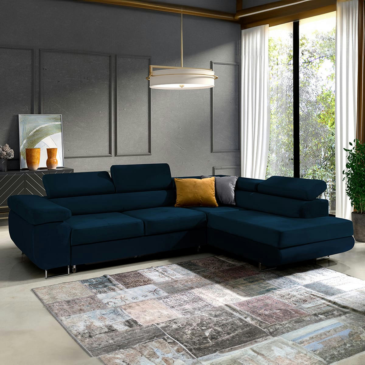 - Canapé d'angle convertible droit 4 places velours bleu