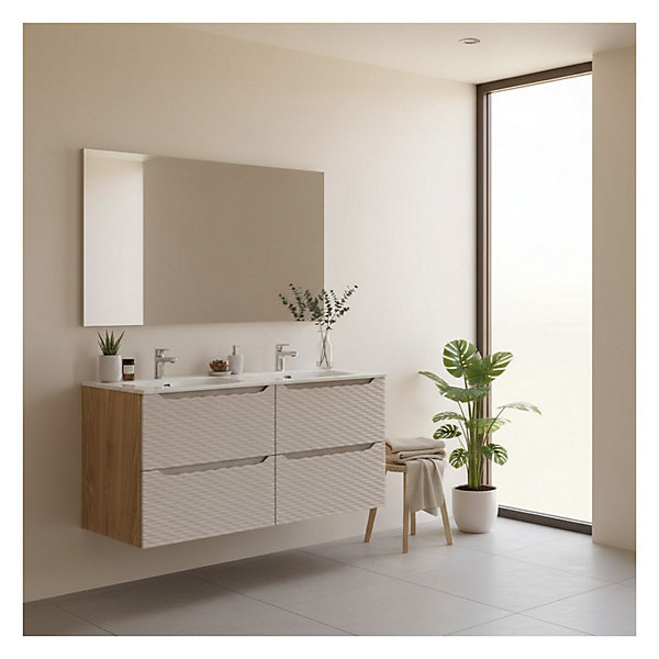Ensemble de salle de bain YOKA beige : 2 meubles sous vasque 60cm à tiroirs et vasque à encastrer