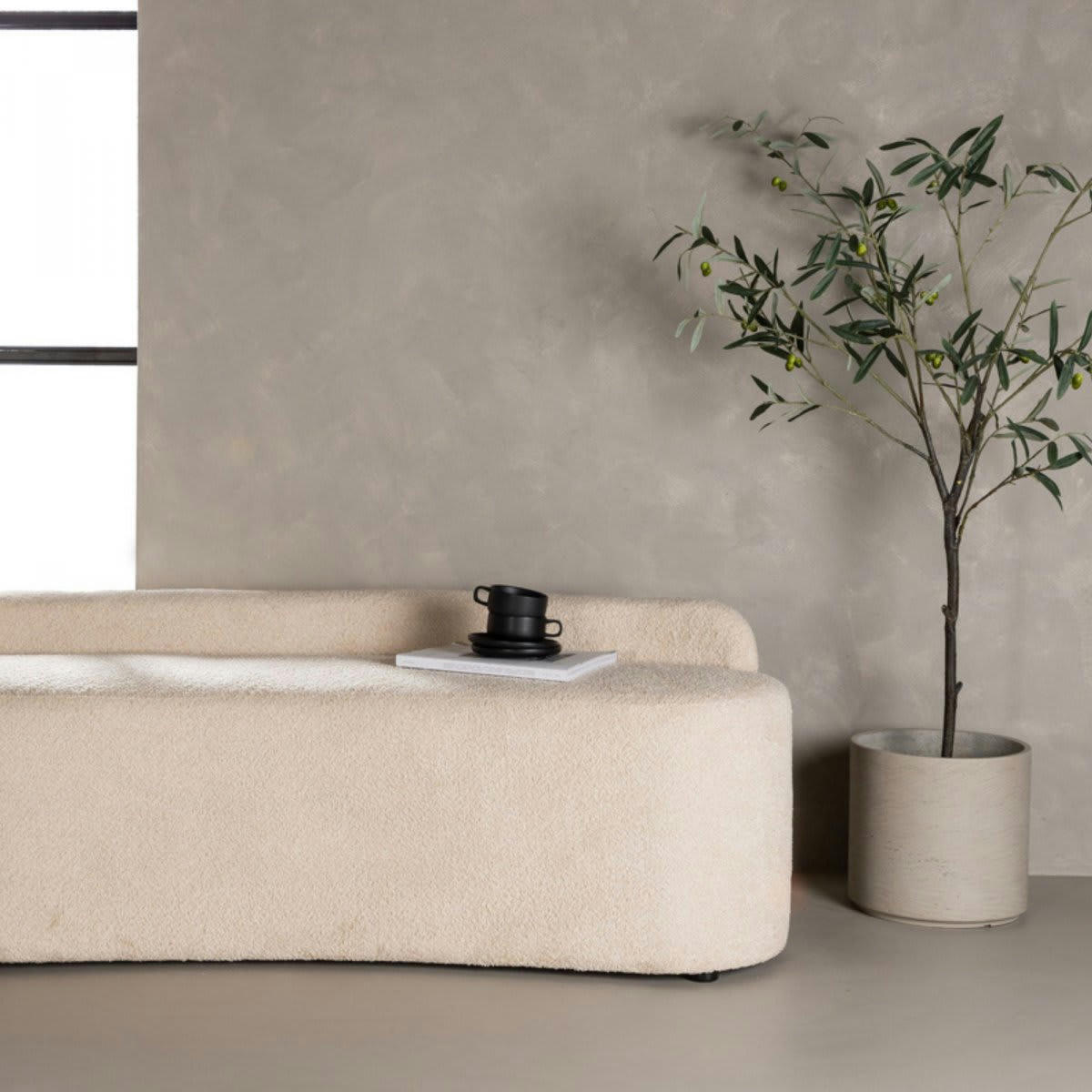 TOBIAS - Banc moderne 160cm en tissu bouclé beige