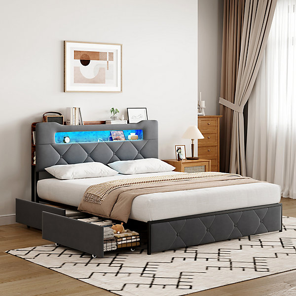 Lit coffre 140x200 cm en velours gris avec tête de lit lumineuse et chargeur intégré, 4 tiroirs de rangement, structure métal