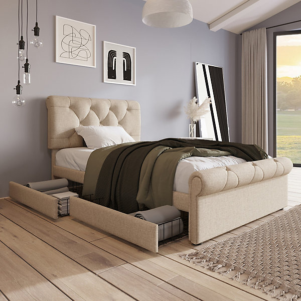 Lit simple 90x200 cm - Lit simple capitonné avec 2 Tiroirs et Tête de Lit Réglable, Gris Clair, Sans Matelas