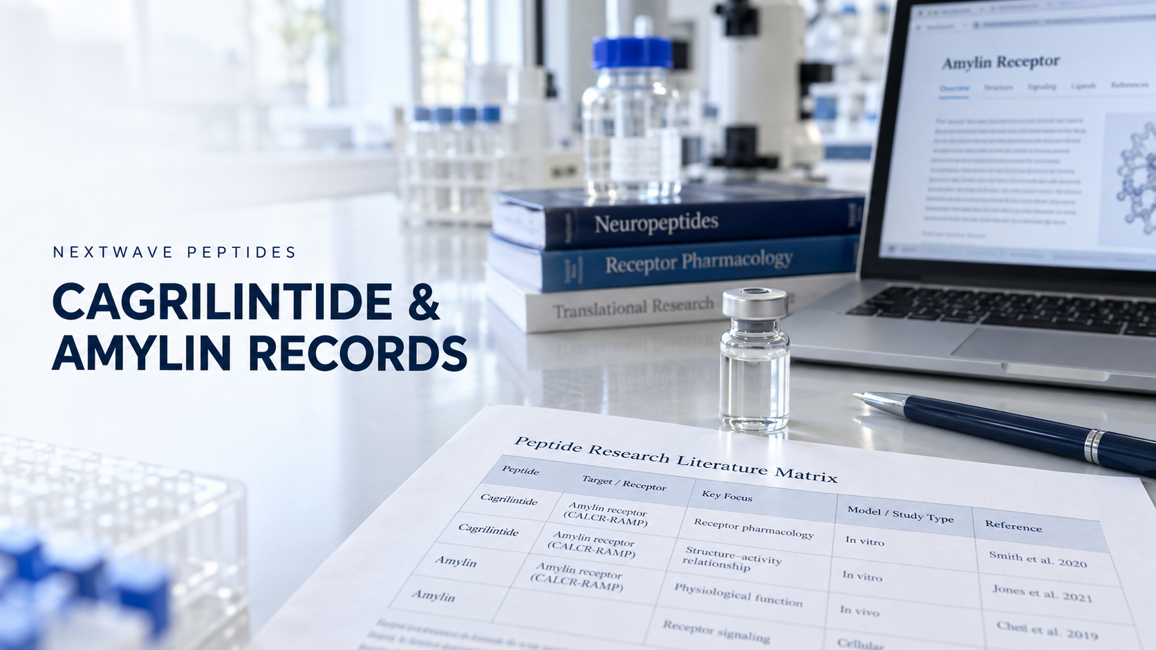 NextWave Peptides laboratory editorial cover for Cagrilintide Research Records: Amylin, Calcitonin Receptors, and Source Matching.