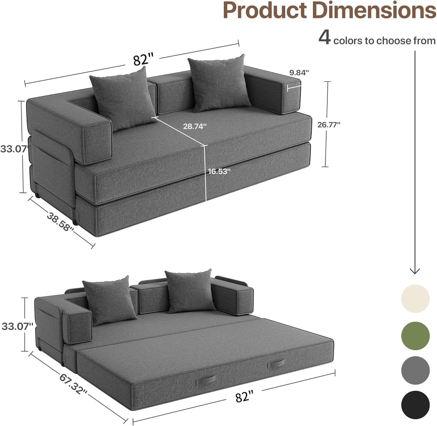 4-in-1 Convertible Sofa Bed, 82“ Compression Sofa with Chenille Fabric Pull Out Sleeper Sofa with 2 Pillows & 4 Side Pockets for Living Room Bedroom Apartment, No Assembly Required, Dark Grey