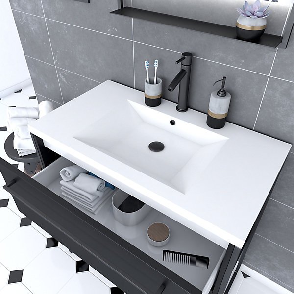 Pack Meuble de salle de bain 80x50 cm NOIR MAT - 2 tiroirs Noir mat - vasque blanche   miroir LED