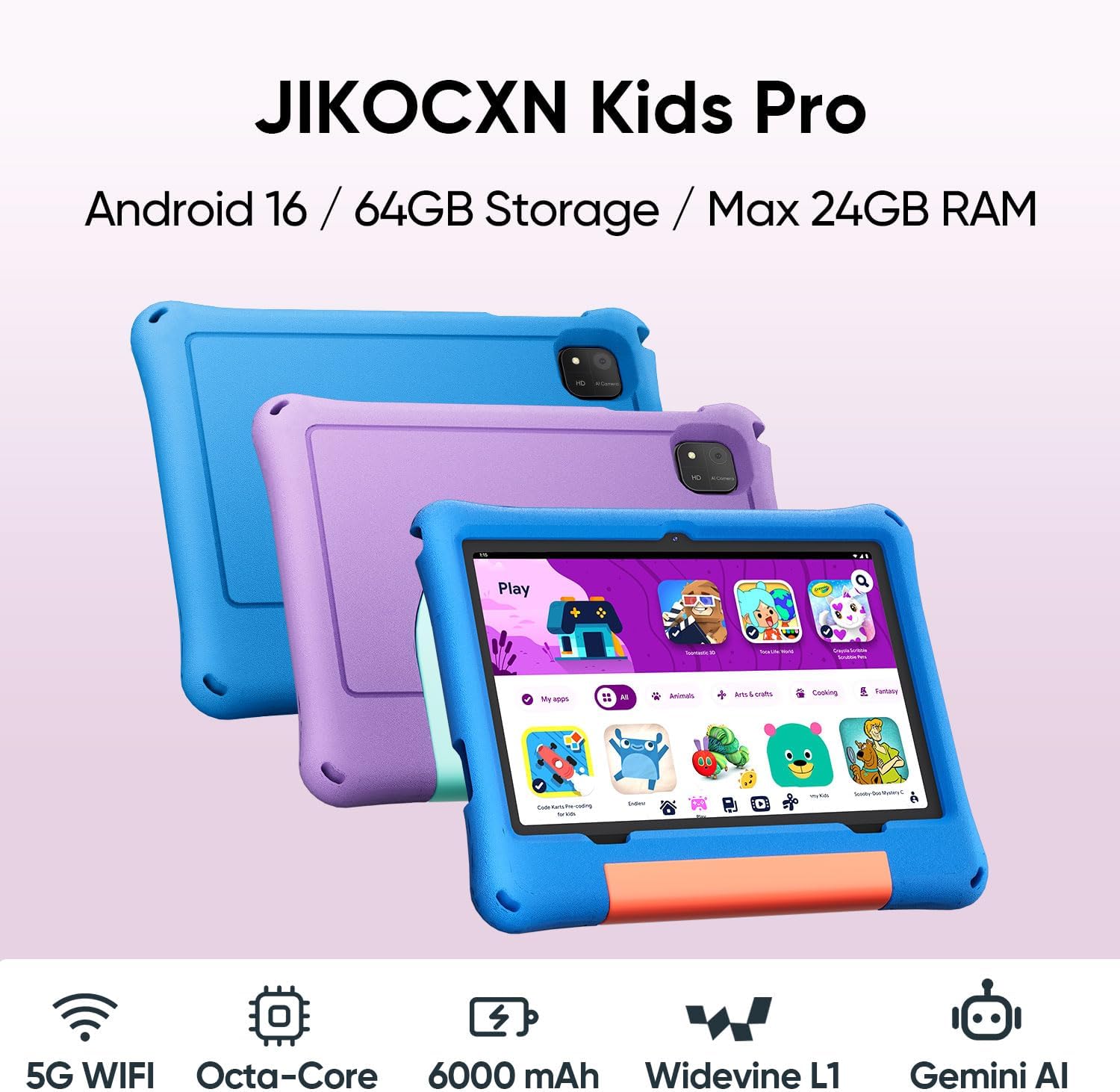 JIKOCXN Kids Tablet, Android 16 Tablet for Kids 10 inch Octa-Core with Case, 24GB RAM 64GB ROM 1TB TF Card Expandable for Toddler Children, Parental Control, Dual Camera, BT5.0, WiFi, Gift (Purple)