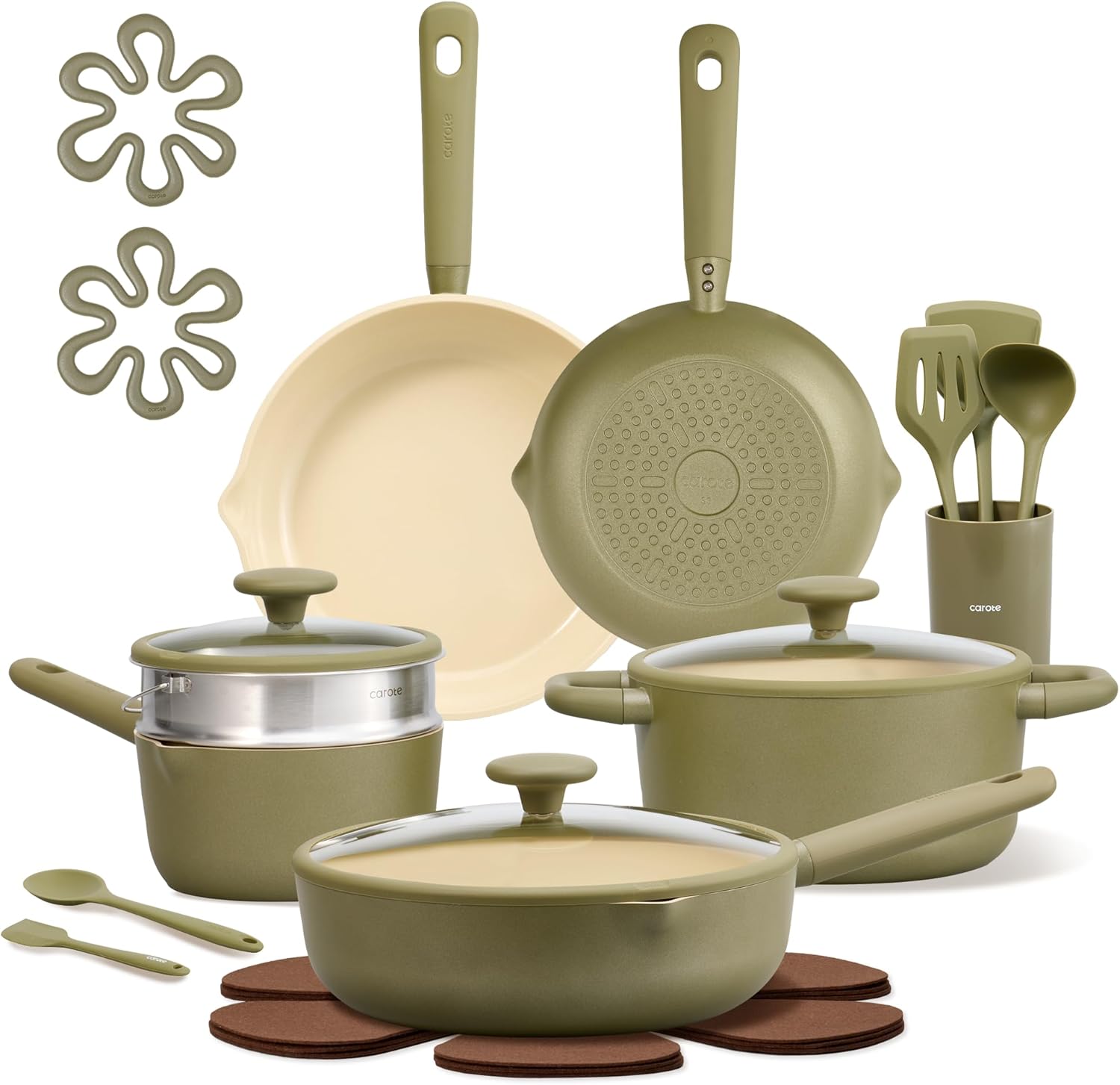 CAROTE 21pcs Cookware Set Nonstick Pots and Pans Set, Ceramic Cookware Set Induction Cookware, Non toxic Healthy Non Stick Kitchen Cooking Set, PFAS PTFE Free