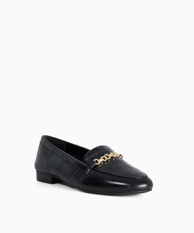 Gearing Black - Leather Croc Effect Metal Trim Loafers