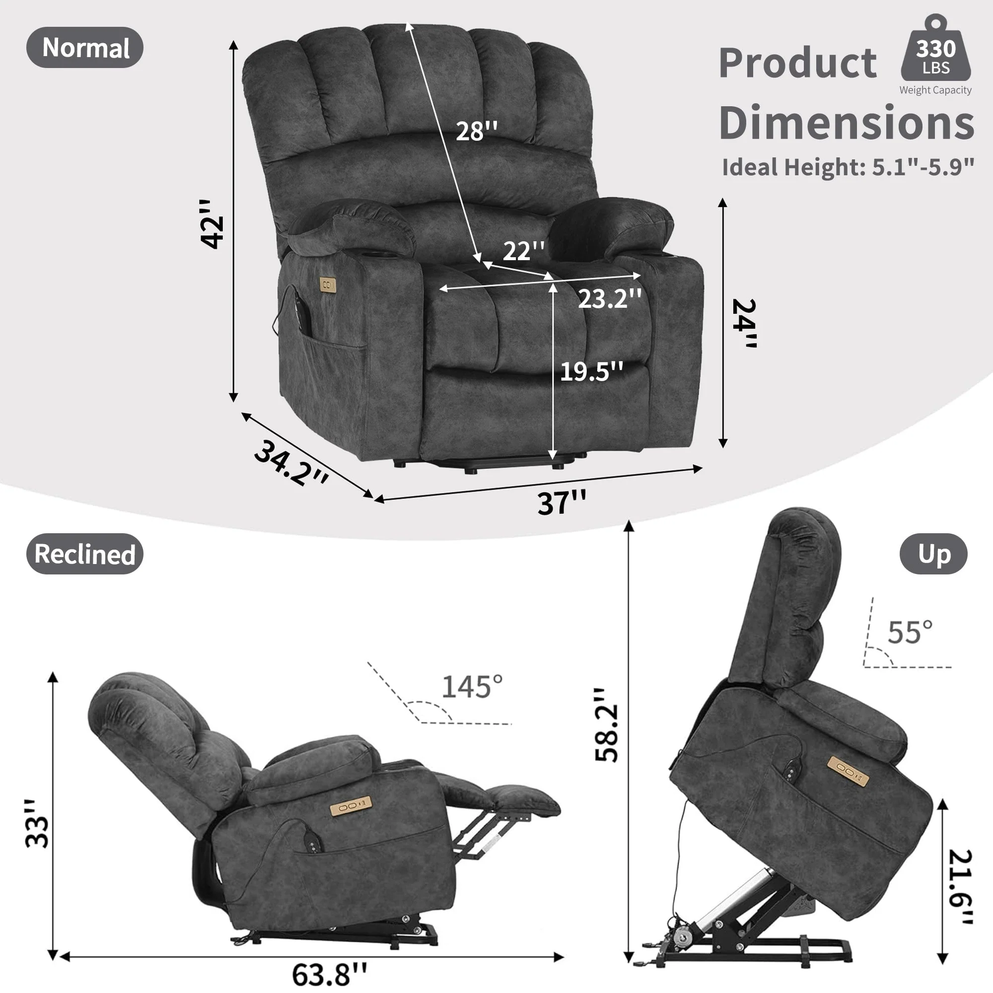 Power Lift Recliner Chair, Oversized Shell Backrest Reclining Chair with Massage & Heat for Elderly