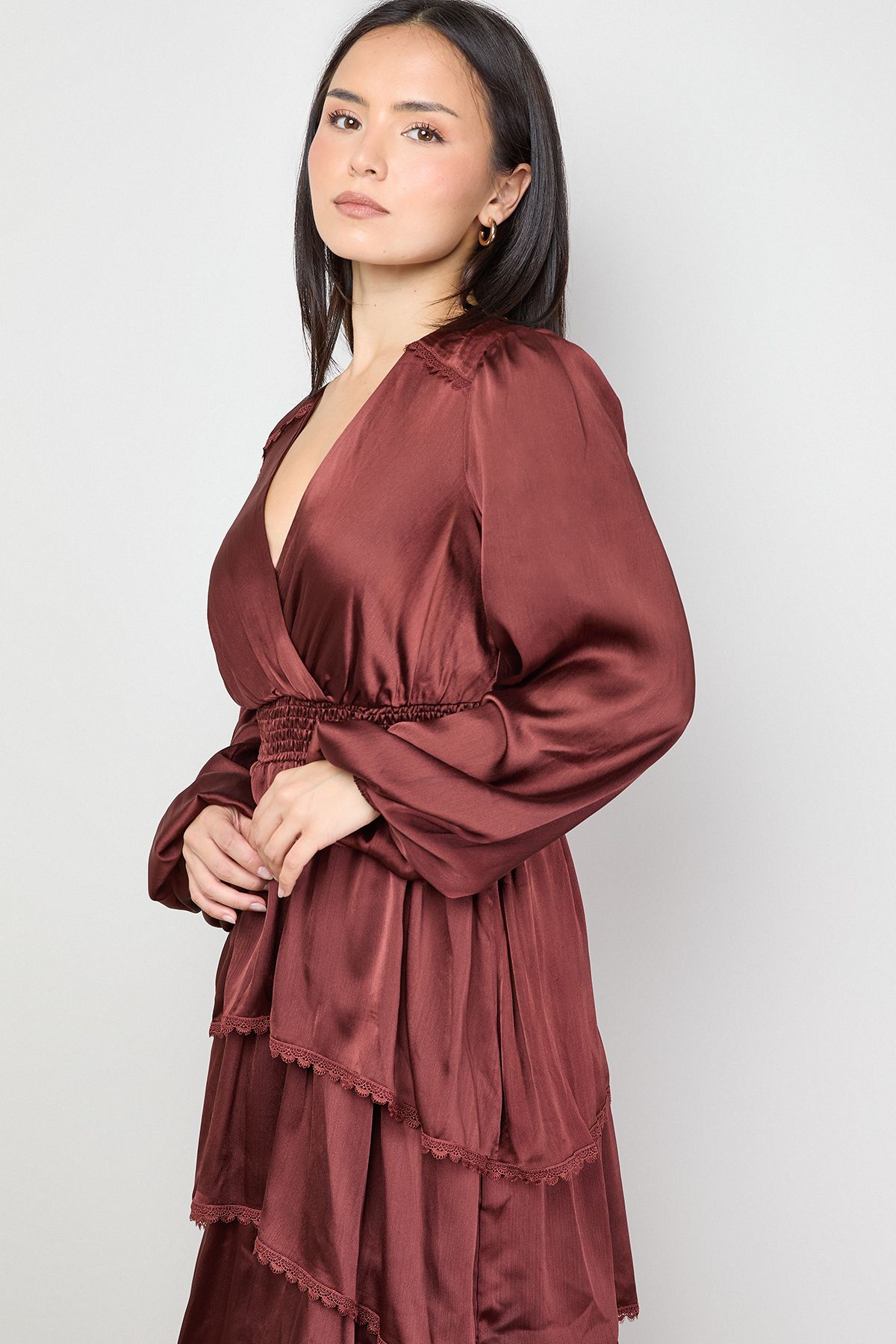 Oasis Petite Ruffle Tiered Balloon Sleeve High Low Hem Midi Dress