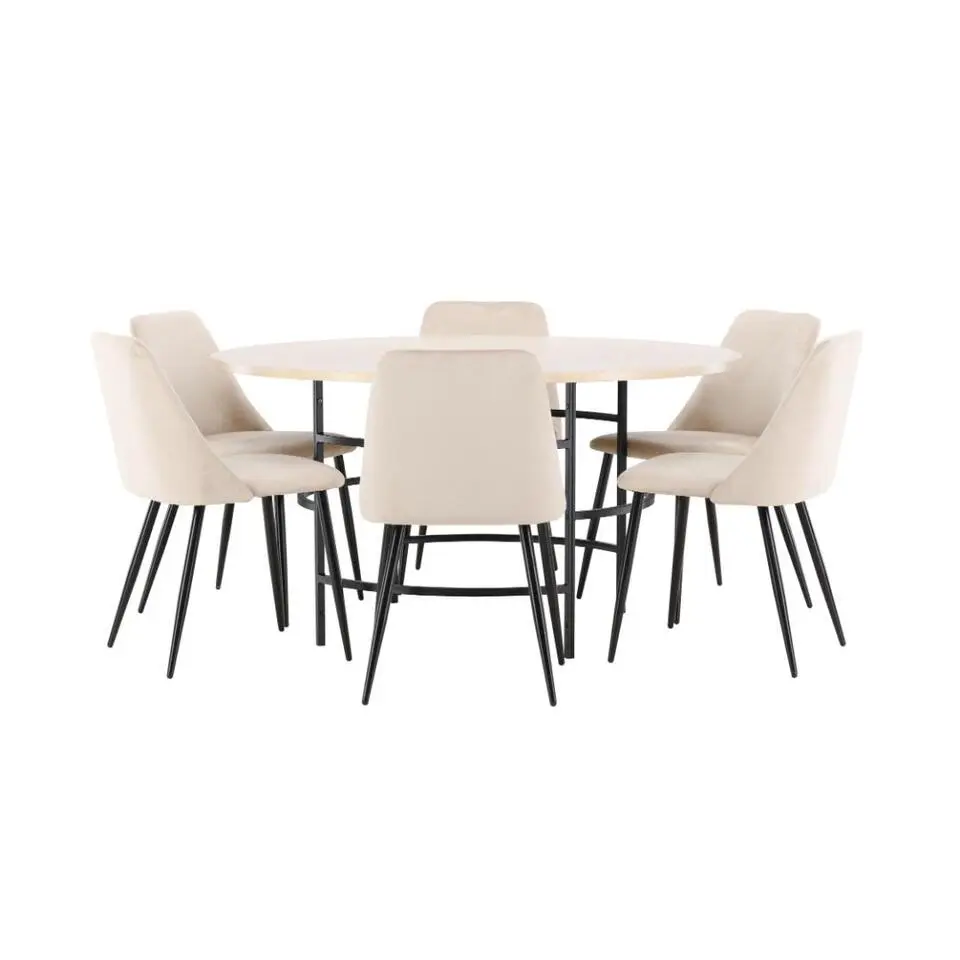 Hioshop Copenhagen eethoek tafel &Oslash;140cm en 6 stoelen whitewash- beige