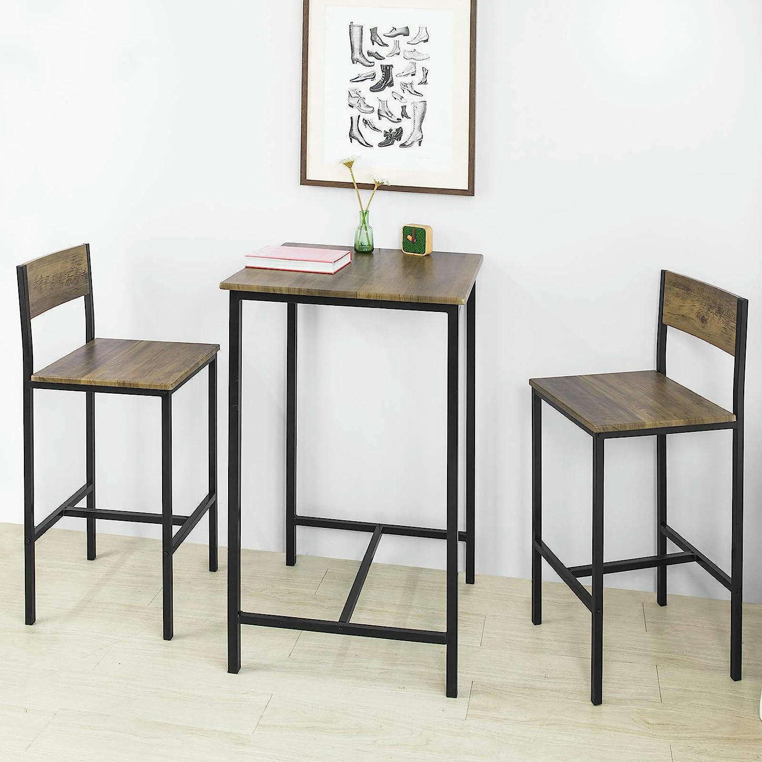 - Ensemble table de bar + 2 chaises de bar effet bois et métal noir
