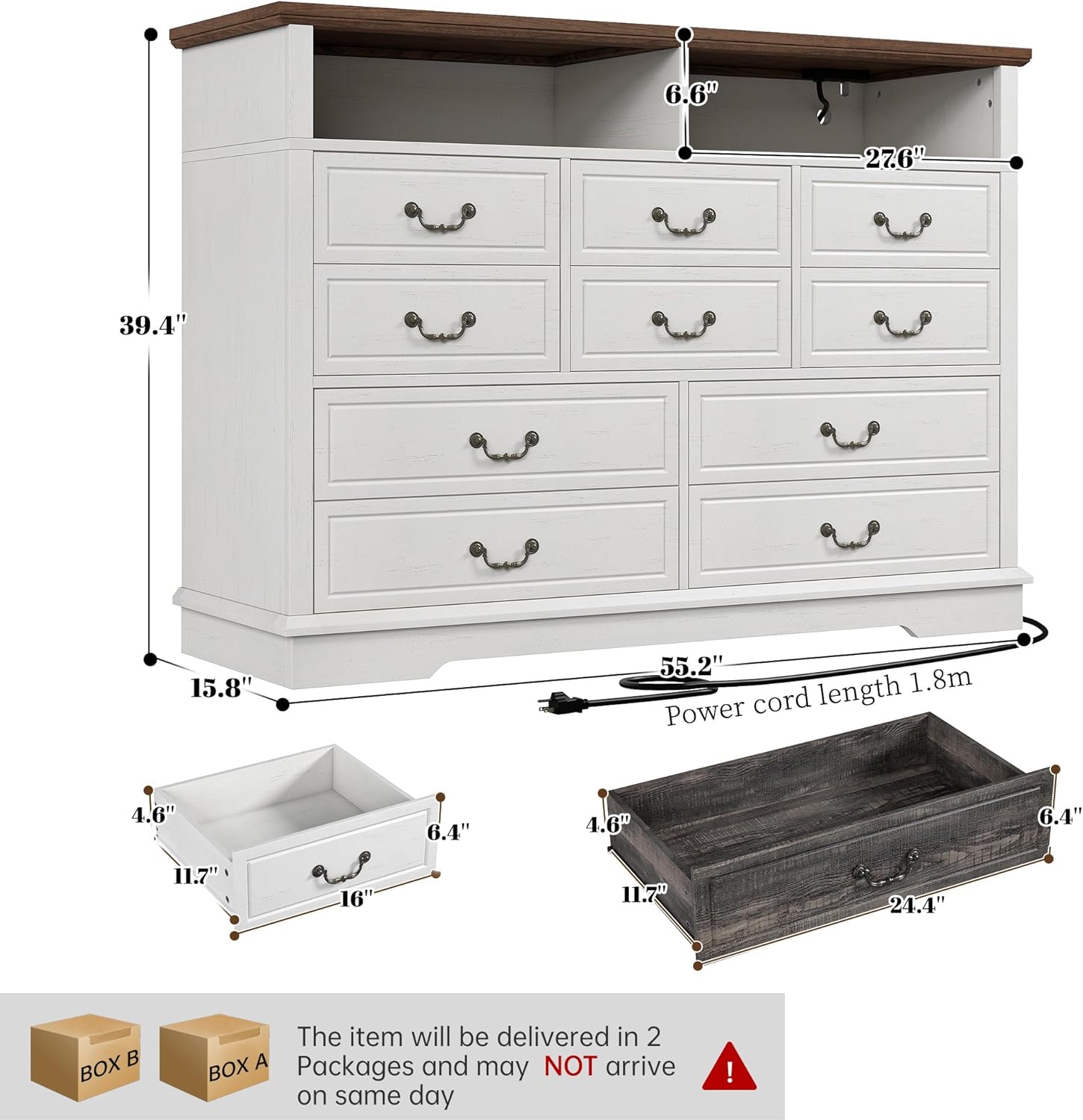 EnHomee 10 Drawers Dresser for Bedroom 55.2''Wide Wood Dresser White with LED & Power Outlet Large Space Saver & Chests of Drawers for Hallway, 55.2 W x 39.4 H x15.8 D