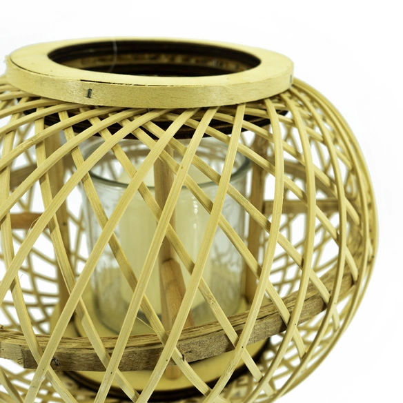 Windlicht, Rattan/Holz/Glas