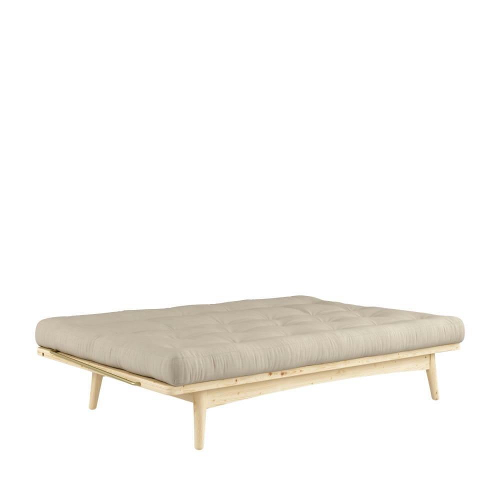 FOLK - Canapé convertible en bois naturel et tissu beige 3 places