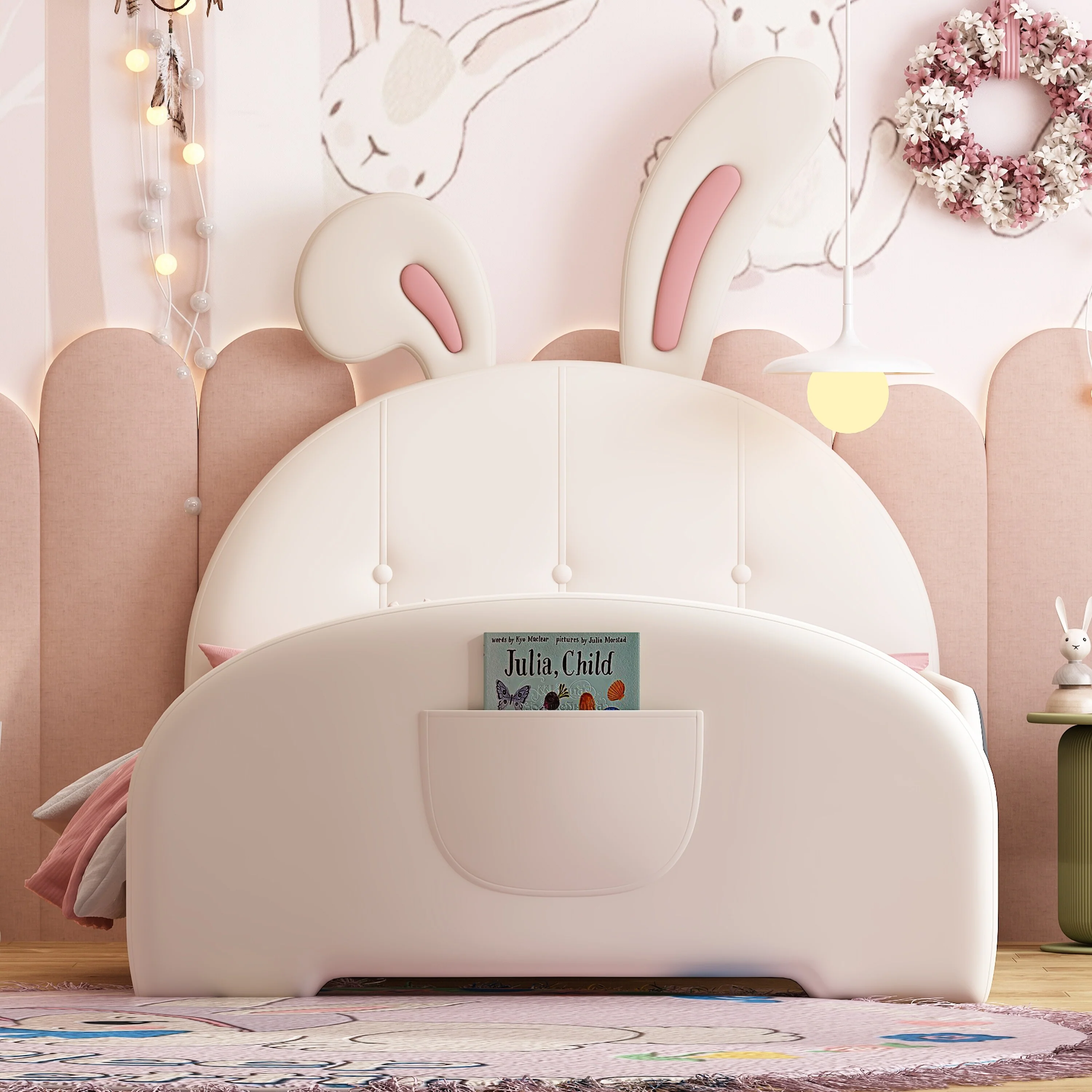 Twin size Upholstered Rabbit-Shape Princess Bed ,Twin Size Platform Bed with Headboard and Footboard