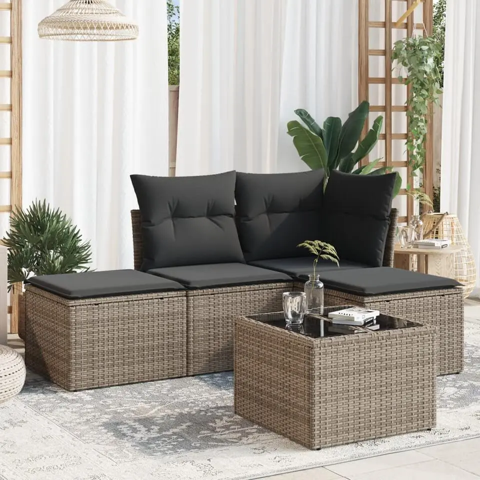 vidaXL Loungeset met kussens en tuintafel voor 4 personen - Grijs - Poly Rattan