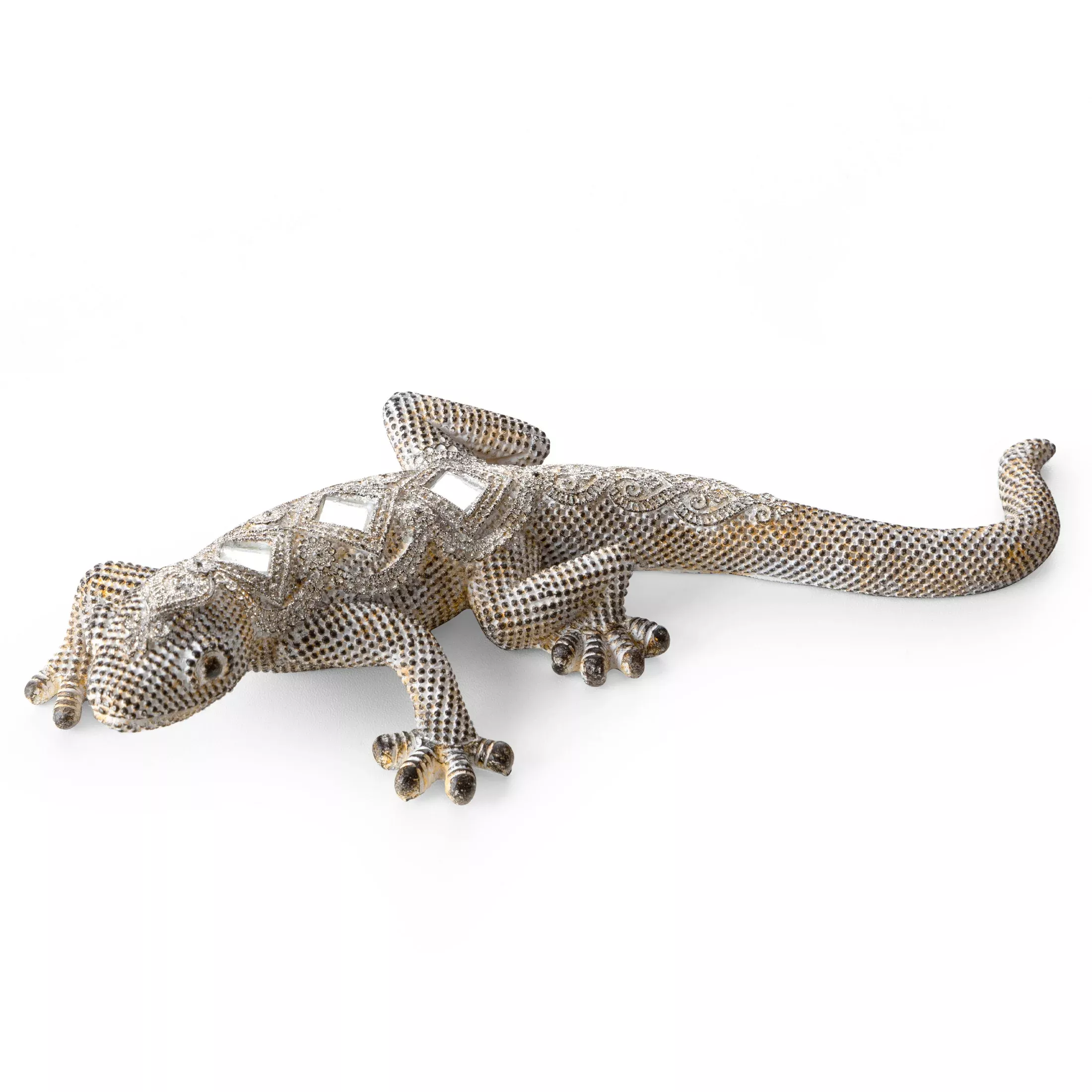 Figurka srebrno-złota jaszczurka o drobnym strukturalnym wzorze 25x11x5 cm GATOS