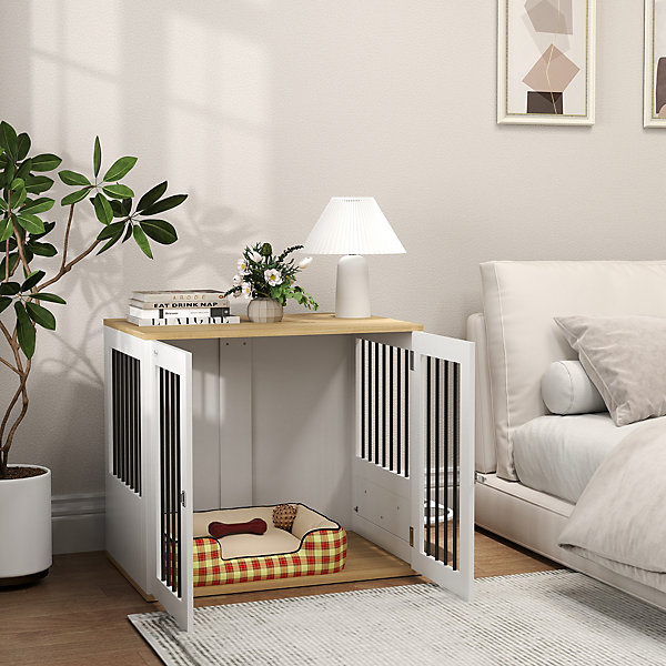 Cage pour chien en bois - 2 portes verrouillables, 2 gamelles rotatives- 80 x 55 x 71 cm - blanc effet bois clair