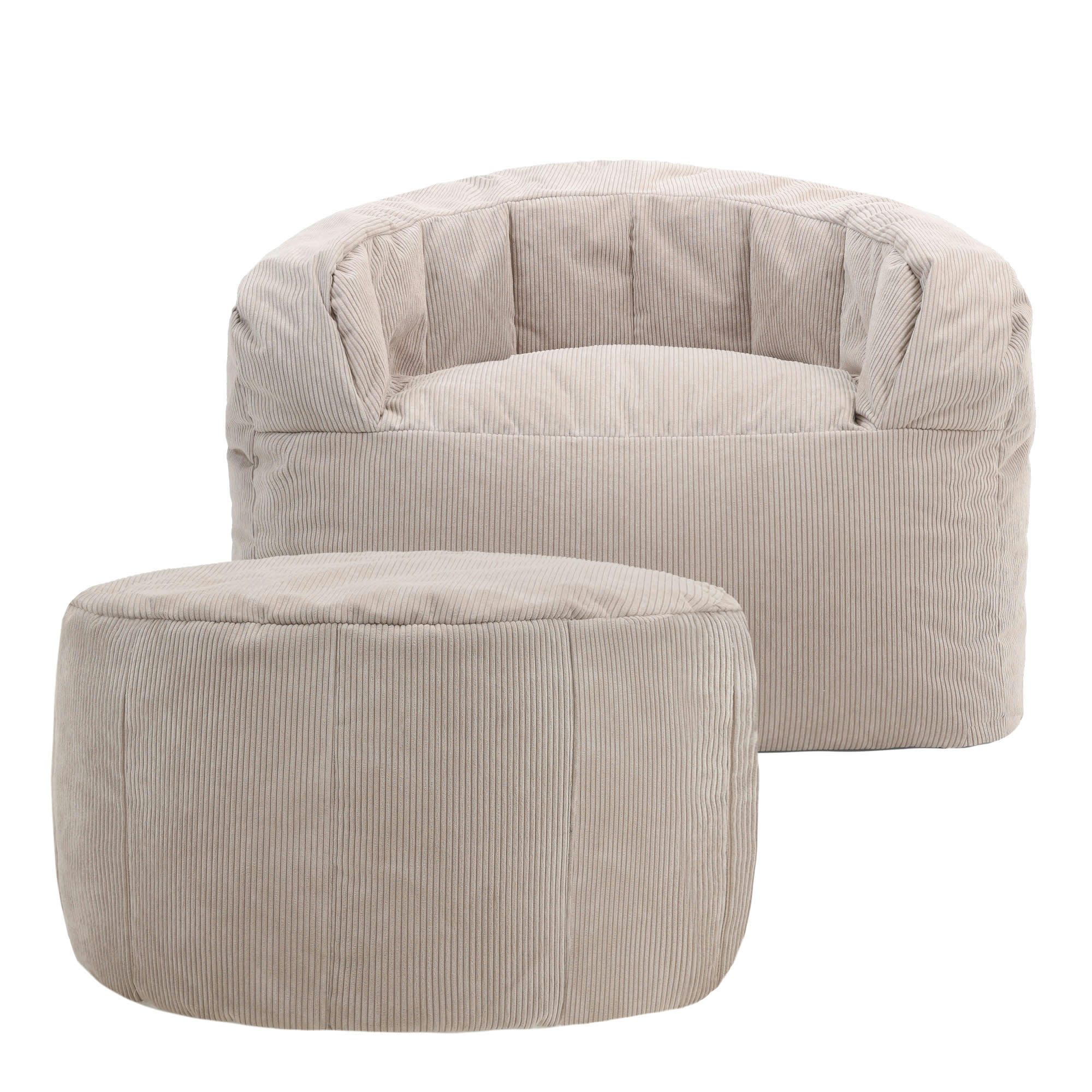 CLARA - Pouf fauteuil en velours côtelé et repose-pieds en demi-lune beige