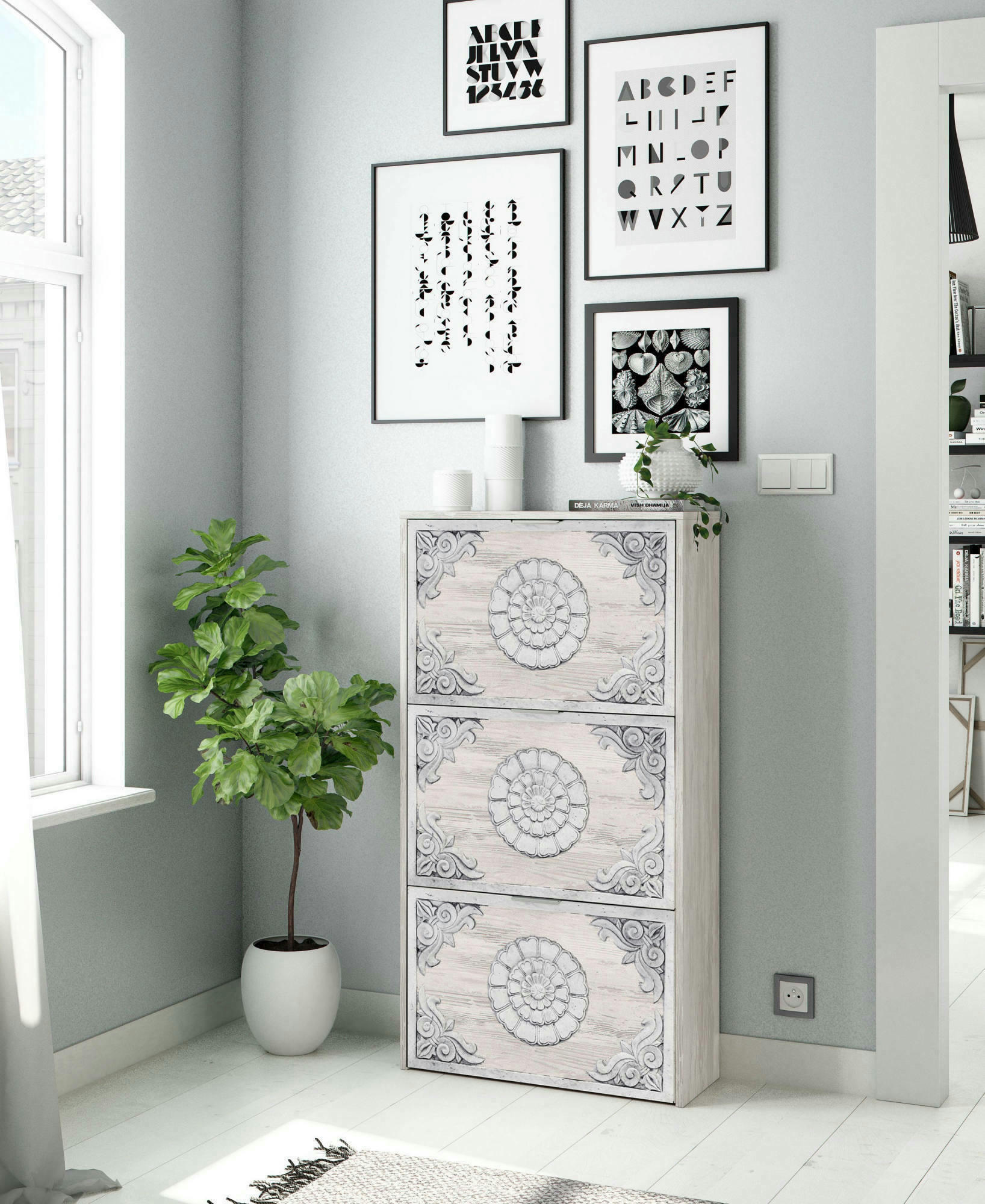 DCOSTA - Meuble à chaussures avec 3 portes pliantes effet bois blanc antique