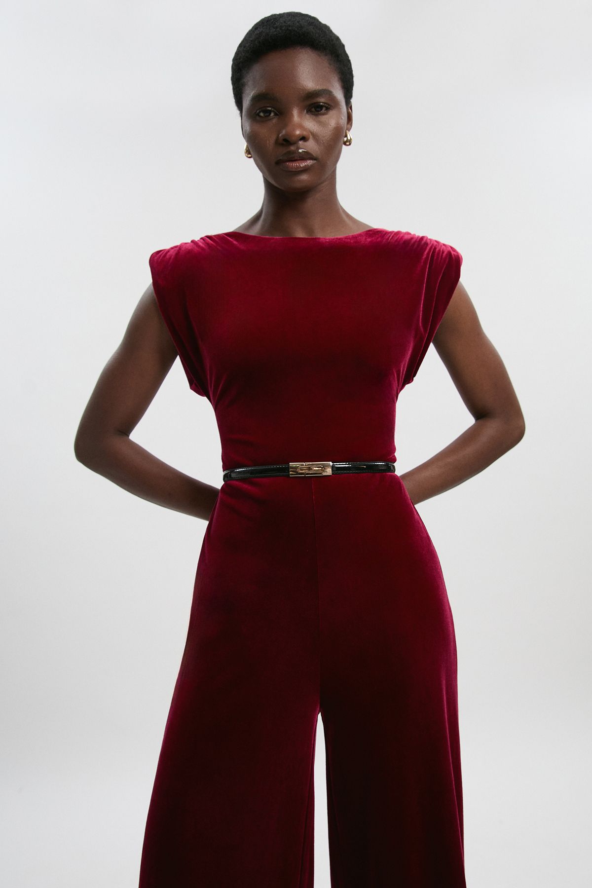 KarenMillen Petite Stretch Velvet Strong Shoulder Jumpsuit